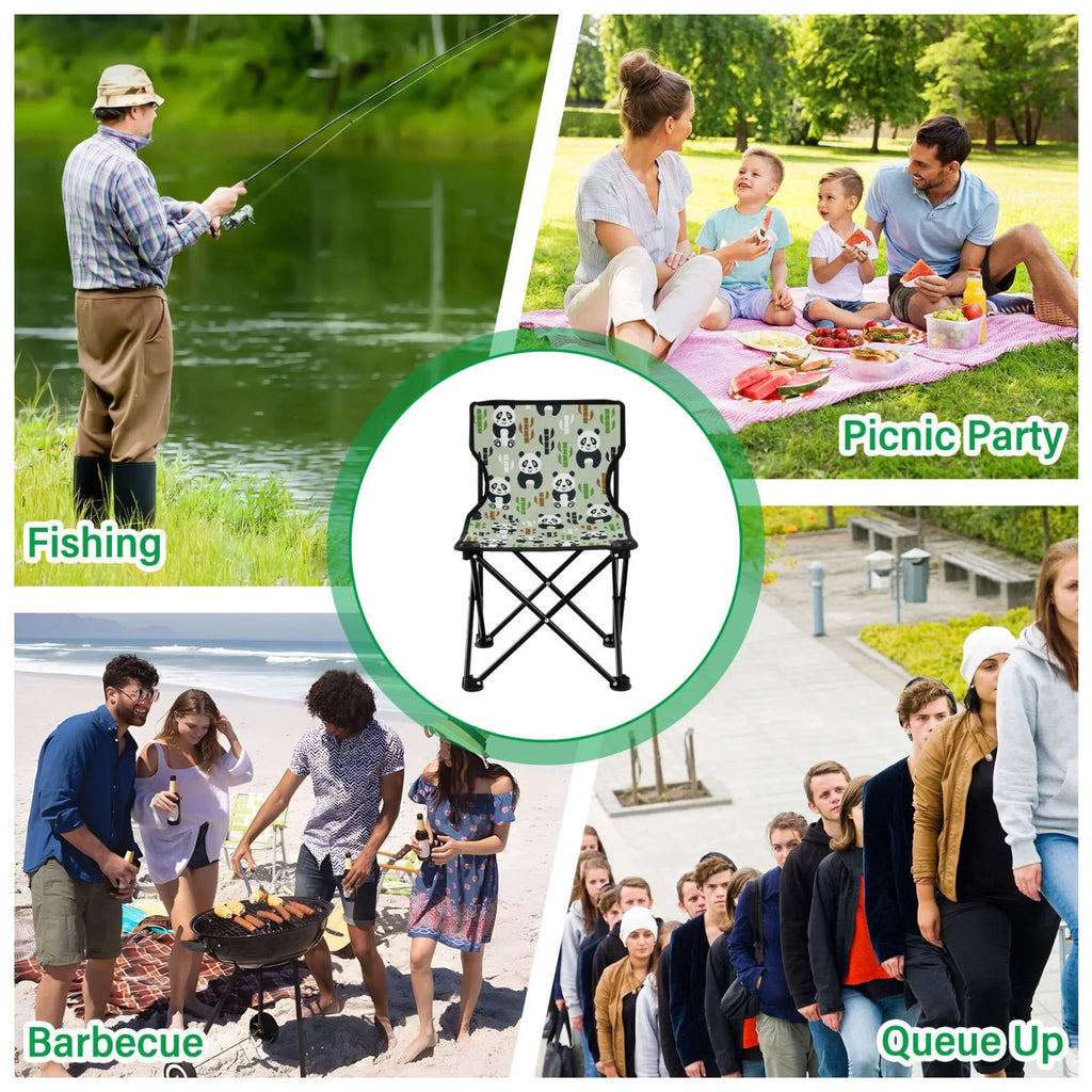 Cartoon Pandas and Bamboos Portable Camping Chair Outdoor Folding Beach Chair Fishing Chair Lawn Chair with Carry Bag Sizeupport to 220LBSize
