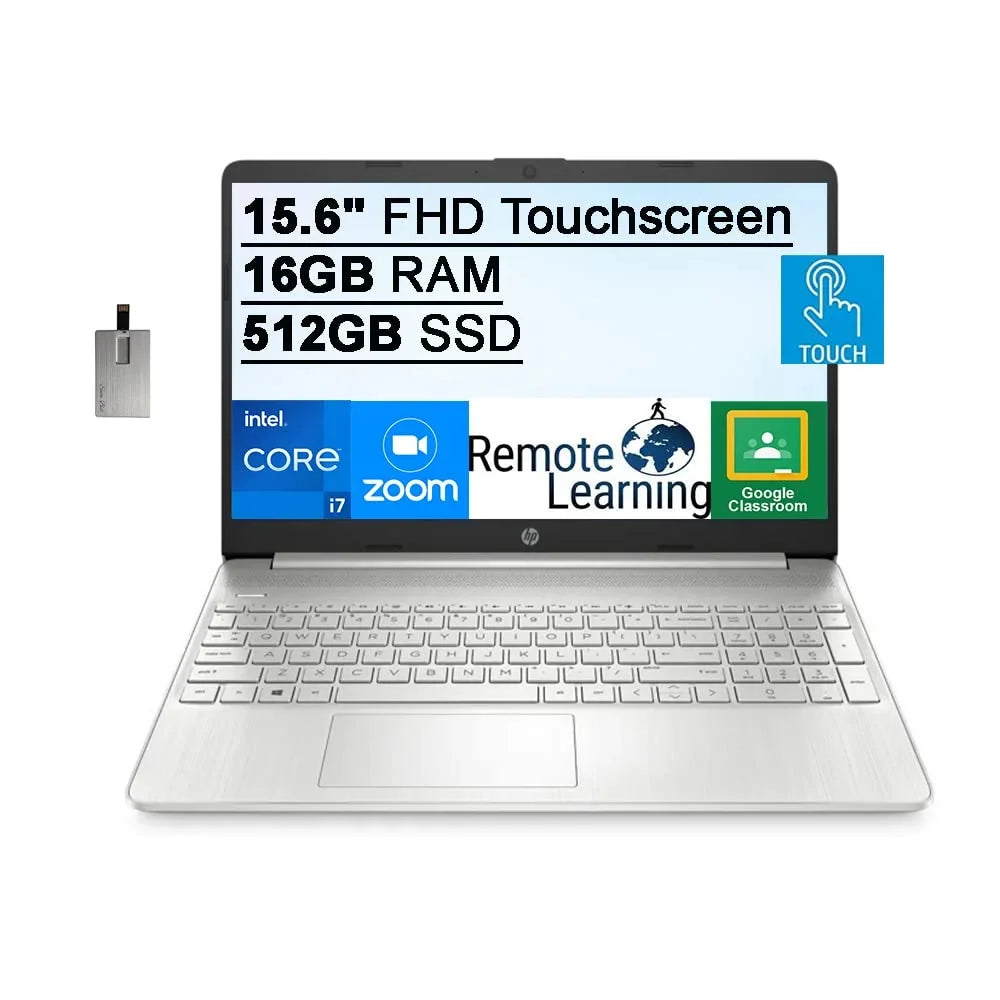 HP 2021 15.6" FHD IPSize Touchscreen Laptop Computer, Intel Core i7-1165G7 (Beats i7-1065g7), 16GB RAM, 512GB SizeSizeD, Intel Iris Xe Graphics, HD Webcam, HD Audio, Win 11 Size, Sizeilver, 32GB SizenowBell USizeB Card