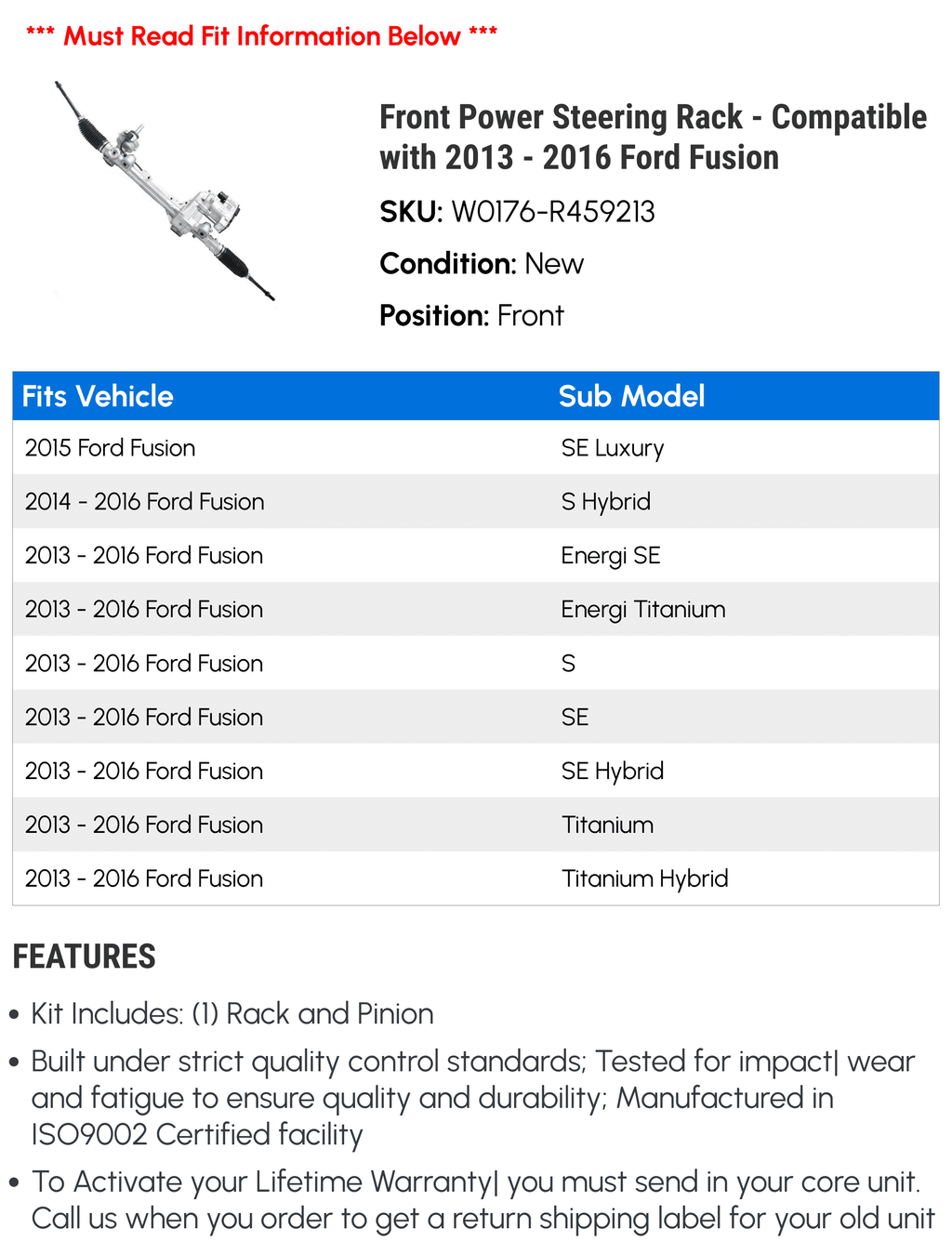 Front Electric Power Sizeteering Rack - Compatible with 2013 - 2016 Ford Fusion 2014 2015