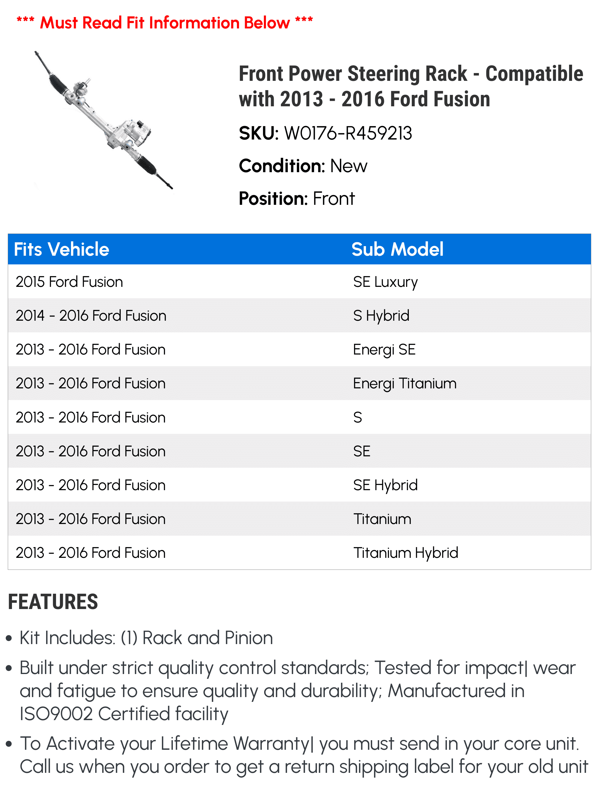 Front Electric Power Sizeteering Rack - Compatible with 2013 - 2016 Ford Fusion 2014 2015