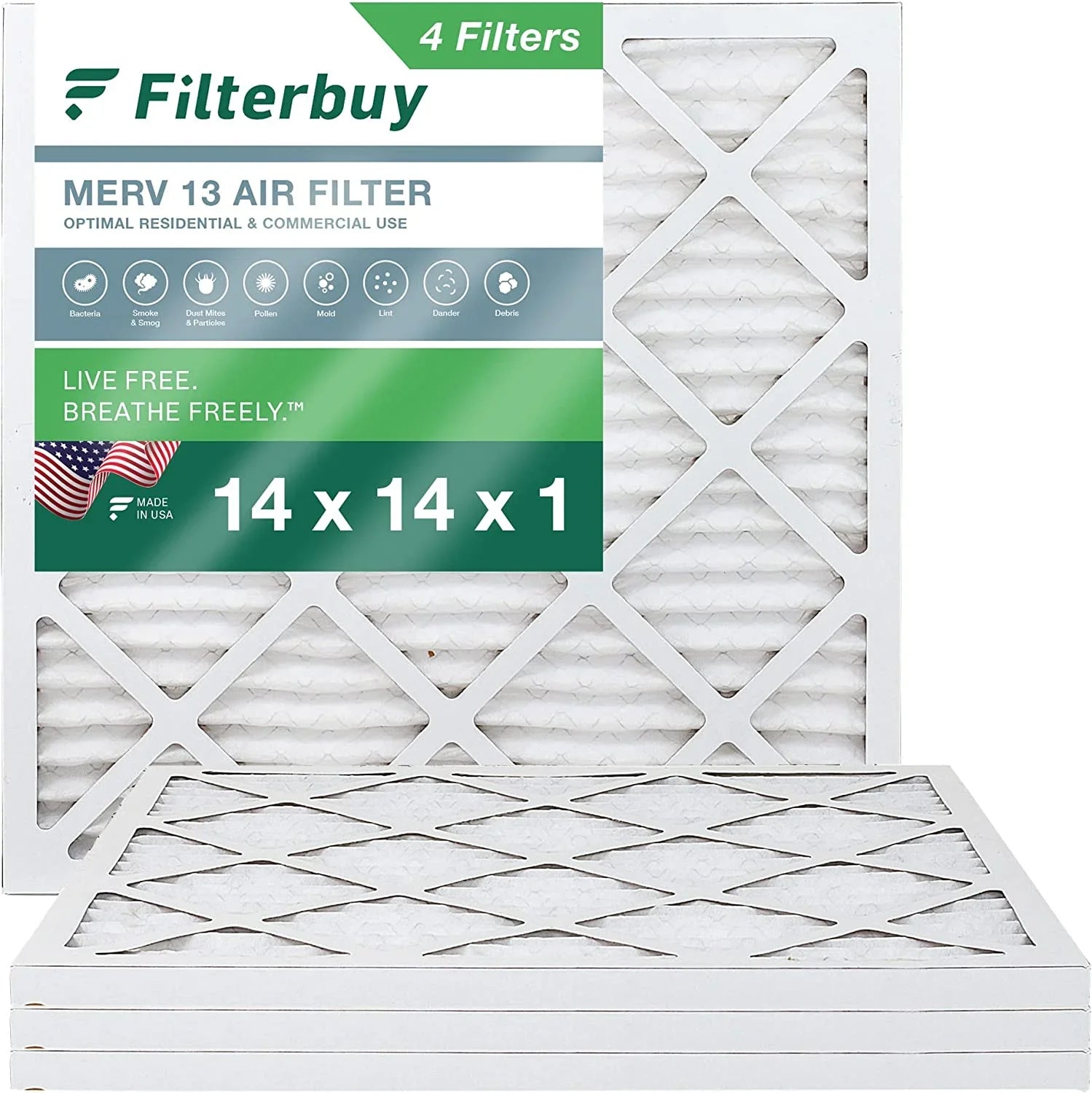 Filterbuy 14x14x1 MERV 13 Pleated HVAC AC Furnace Air Filters (4-Pack)