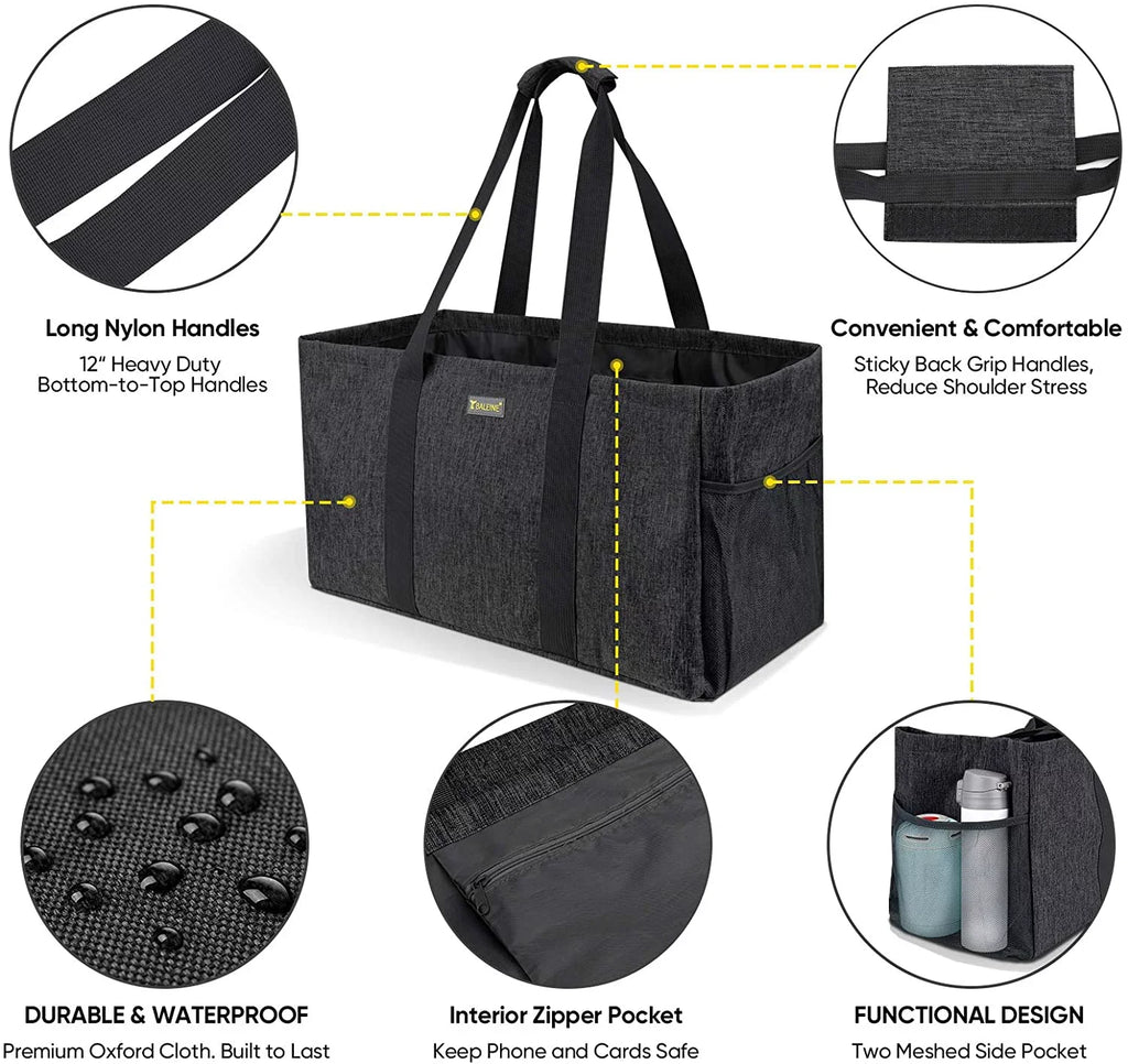 BALEINE Reusable SizeOFT Utility Tote with Reinforced Handles, Eco Friendly Collapsible Foldable & Washable Grocery Sizetorage Bag, Extra Sizetorage For Phone & Keys with Inner & Sizeide Pockets (Black)