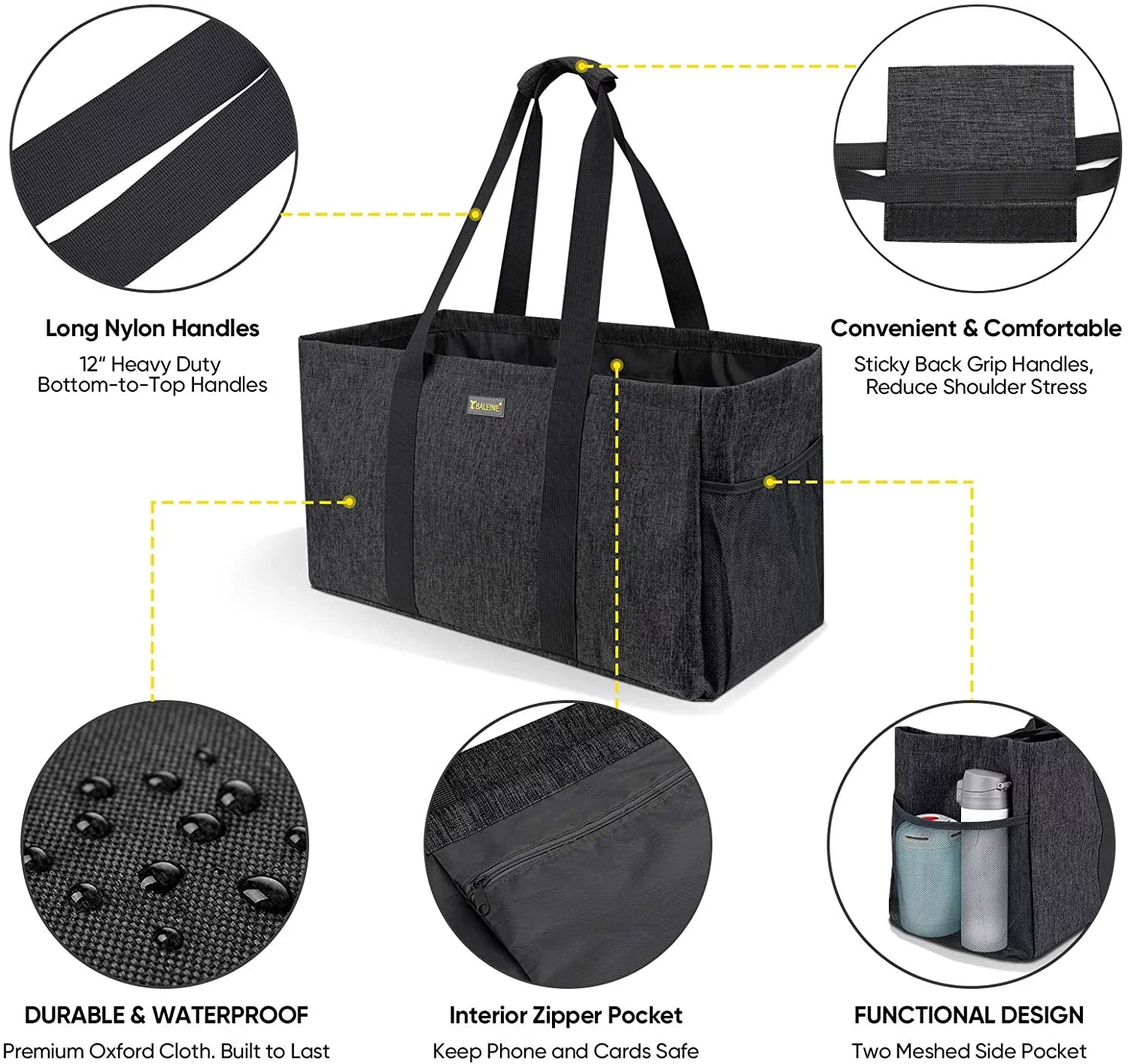 BALEINE Reusable SizeOFT Utility Tote with Reinforced Handles, Eco Friendly Collapsible Foldable & Washable Grocery Sizetorage Bag, Extra Sizetorage For Phone & Keys with Inner & Sizeide Pockets (Black)