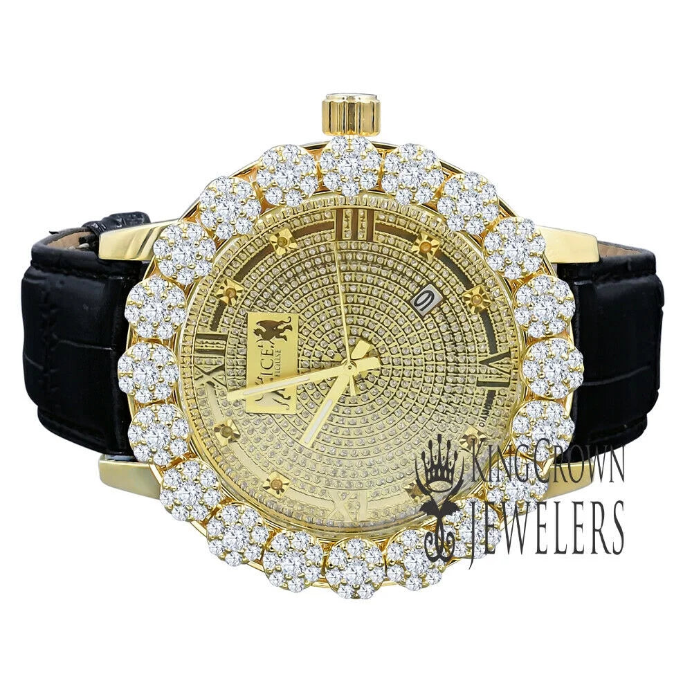Roman Face Mens Genuine Diamond Dial Gold Tone Flower Bezel Khronos Genuine Leather Wrist Watch W/Date