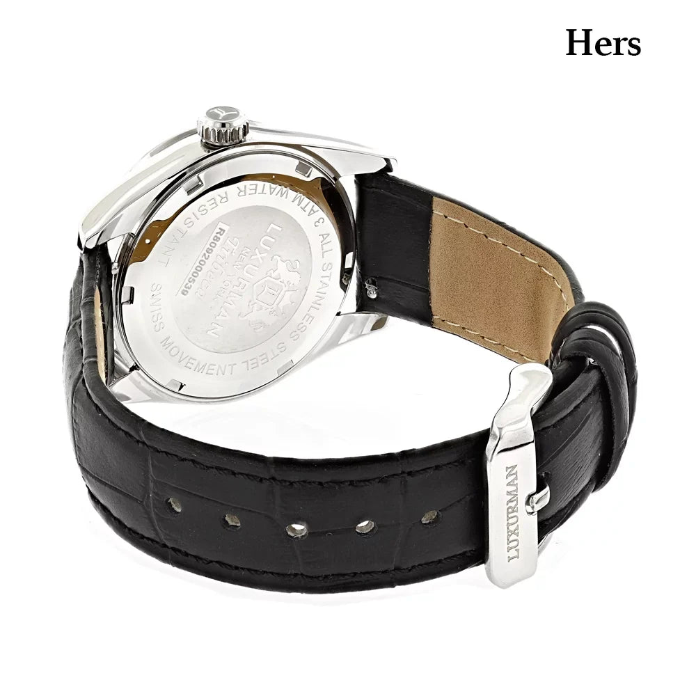 Sizewiss Mvt Matching His and Hers Real Diamond Watches w Black Leather Band Ivory MOP