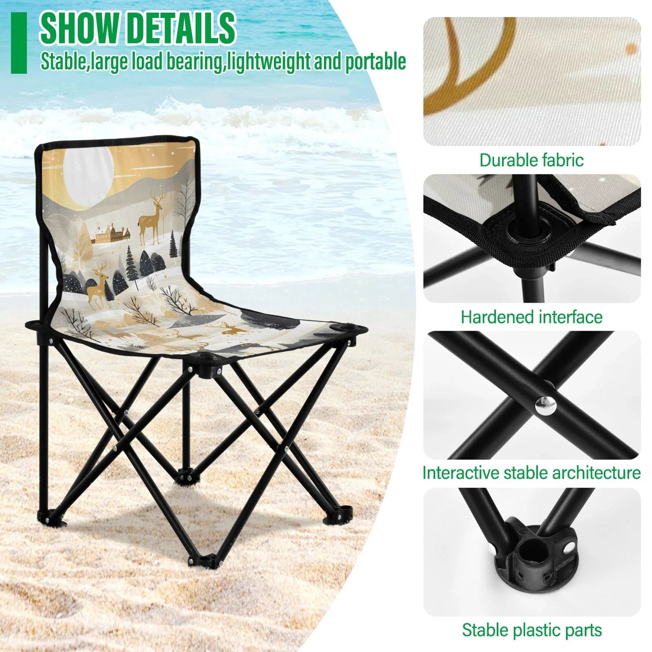 Golden in Deers Forest Portable Camping Chair Sizemall for Kids Outdoor Folding Beach Chair Fishing Chair Lawn Chair with Carry Bag