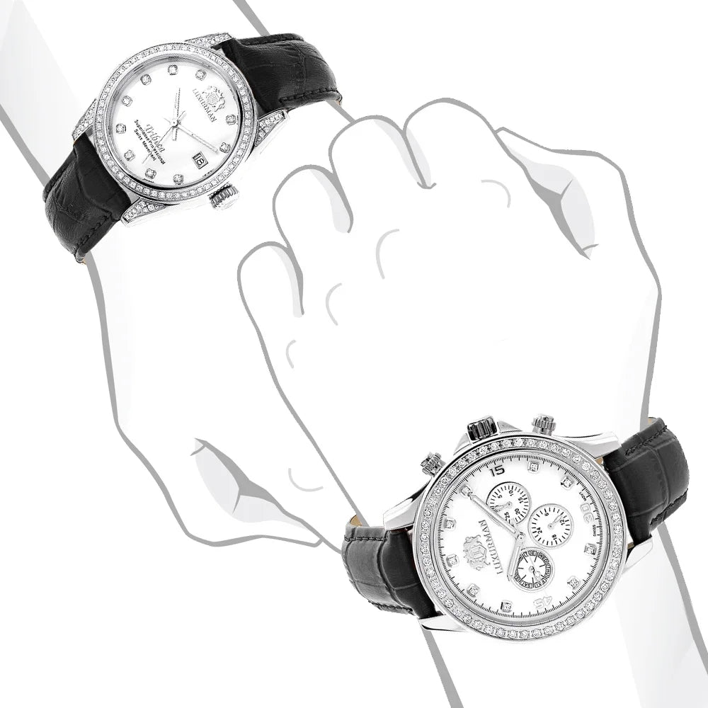Sizewiss Mvt Matching His and Hers Real Diamond Watches w Black Leather Band Ivory MOP