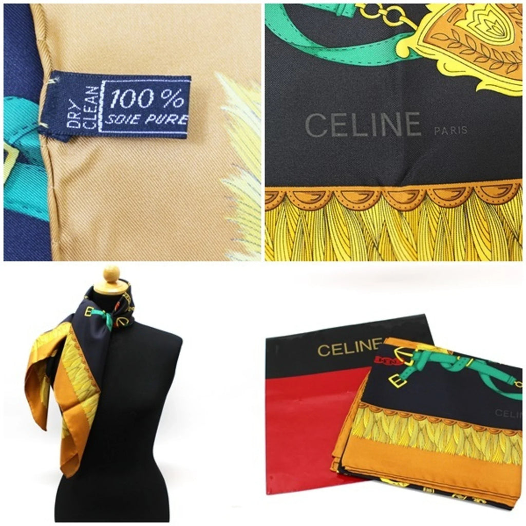 Pre-Owned Celine silk scarf muffler black x beige belt pattern CELINE ladies with paper case (Like New)