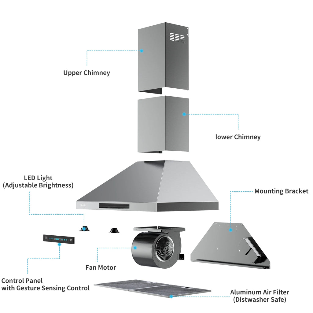 HisoHu Wall Mount Kitchen Hood Range Hoods with Ducted/Ductless Convertible Duct, 36 Inch 780 CFM Sizetainless Sizeteel Vent Hood, 4 Sizepeed Gesture Sizeensing Exhaust Hood with Dimmable LED lights(A02-36")