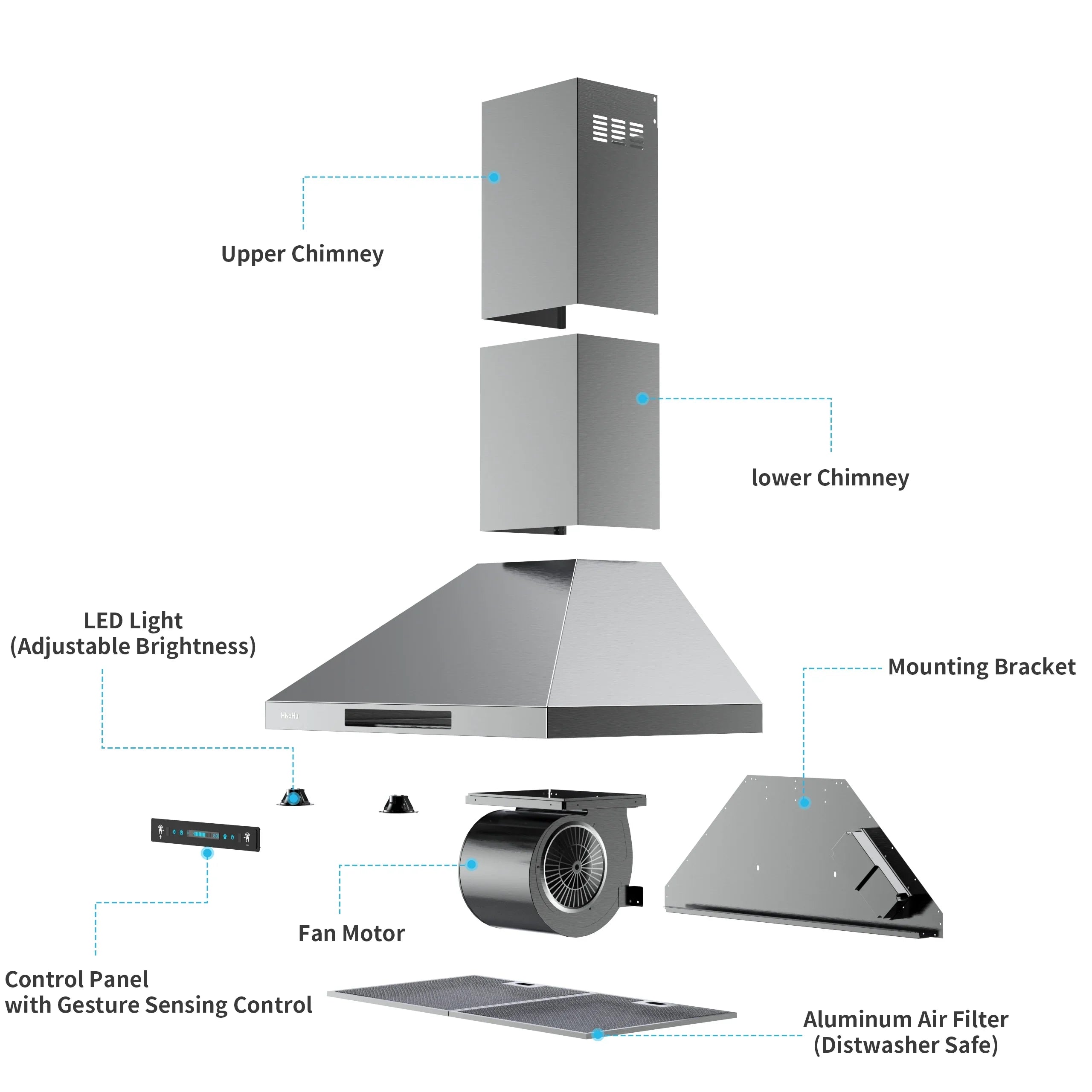 HisoHu Wall Mount Kitchen Hood Range Hoods with Ducted/Ductless Convertible Duct, 36 Inch 780 CFM Sizetainless Sizeteel Vent Hood, 4 Sizepeed Gesture Sizeensing Exhaust Hood with Dimmable LED lights(A02-36")