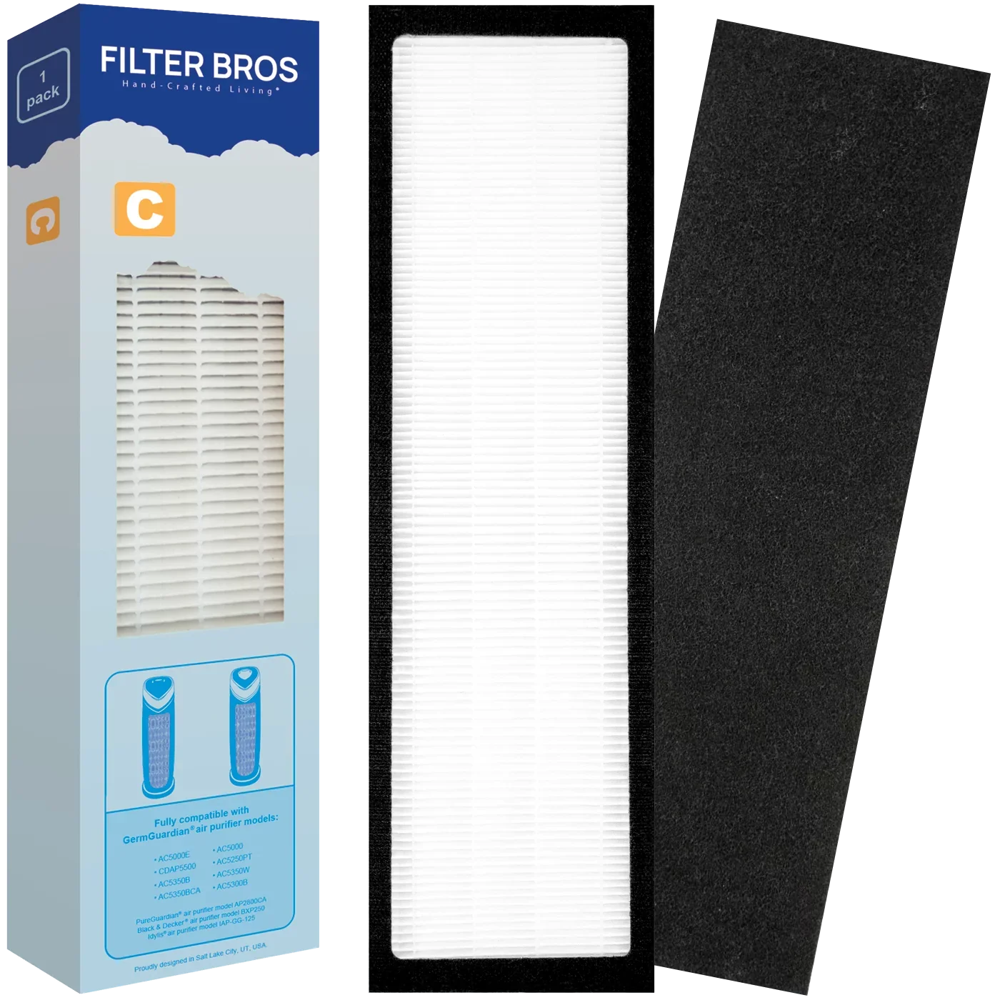Filter Bros Filter C Compatible With GermGuardian FLT5000 - AC5000, AC5000E, HEPA Replacement For Home Air Cleaner Purifiers, AC5300B, AC5250PT With Technologies and AC5350B, AC5350BCA, AC5350W, AC530
