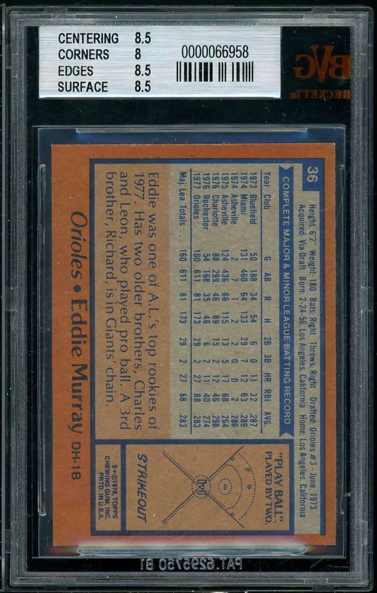 Eddie Murray Rookie Card 1978 Topps #36 BGSize BVG 8.5 (8.5 8 8.5 8.5)