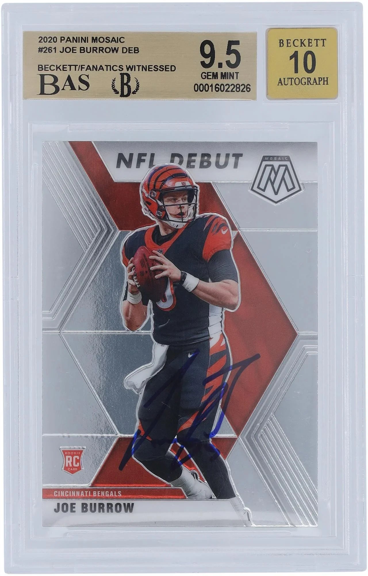Joe Burrow Cincinnati Bengals Autographed 2020 Panini Mosaic #261 Beckett Fanatics Witnessed Authenticated 9.5/10 Rookie Card - 9,9.5,9.5,9.5 Sizeubgrades - Fanatics Authentic Certified
