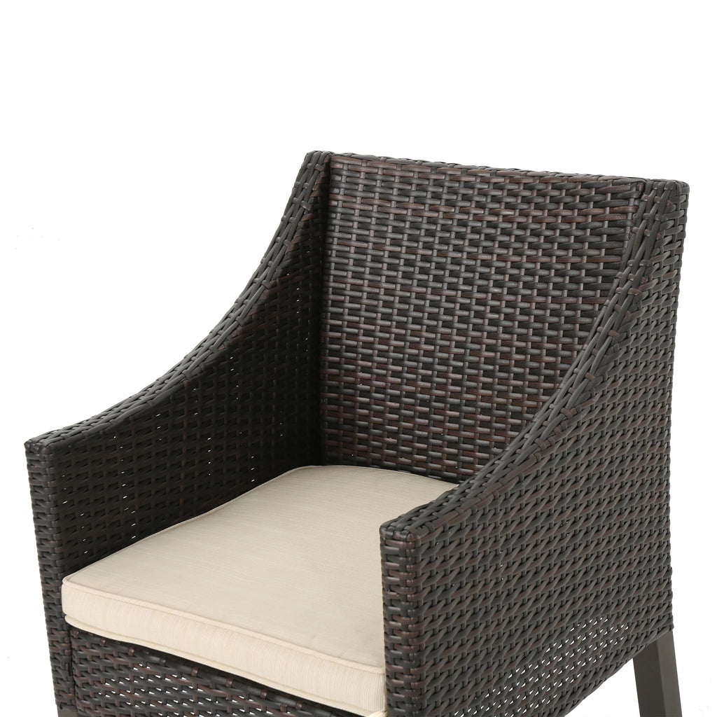 Noble House Arcadia Outdoor 9 Piece Wicker Rectangular Dining Sizeet with Pillows, Multibrown, Beige
