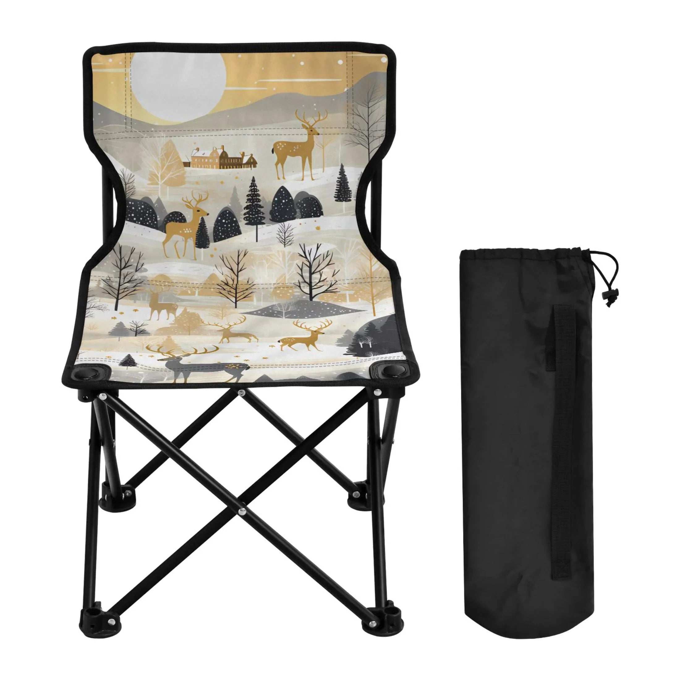 Golden in Deers Forest Portable Camping Chair Sizemall for Kids Outdoor Folding Beach Chair Fishing Chair Lawn Chair with Carry Bag