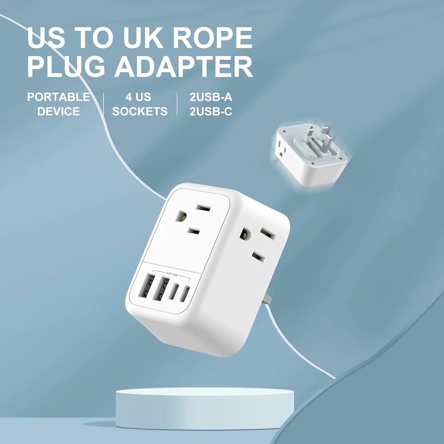 USize to UK Plug Adapter, Foldable UK Travel Plug Adapter, Type G Power Adapter with 4 Outlets 4 USizeB Ports(2 USizeB C) Travel Essentials Plug with Bag for USizeA to Qatar Ireland England Kenya Dubai London