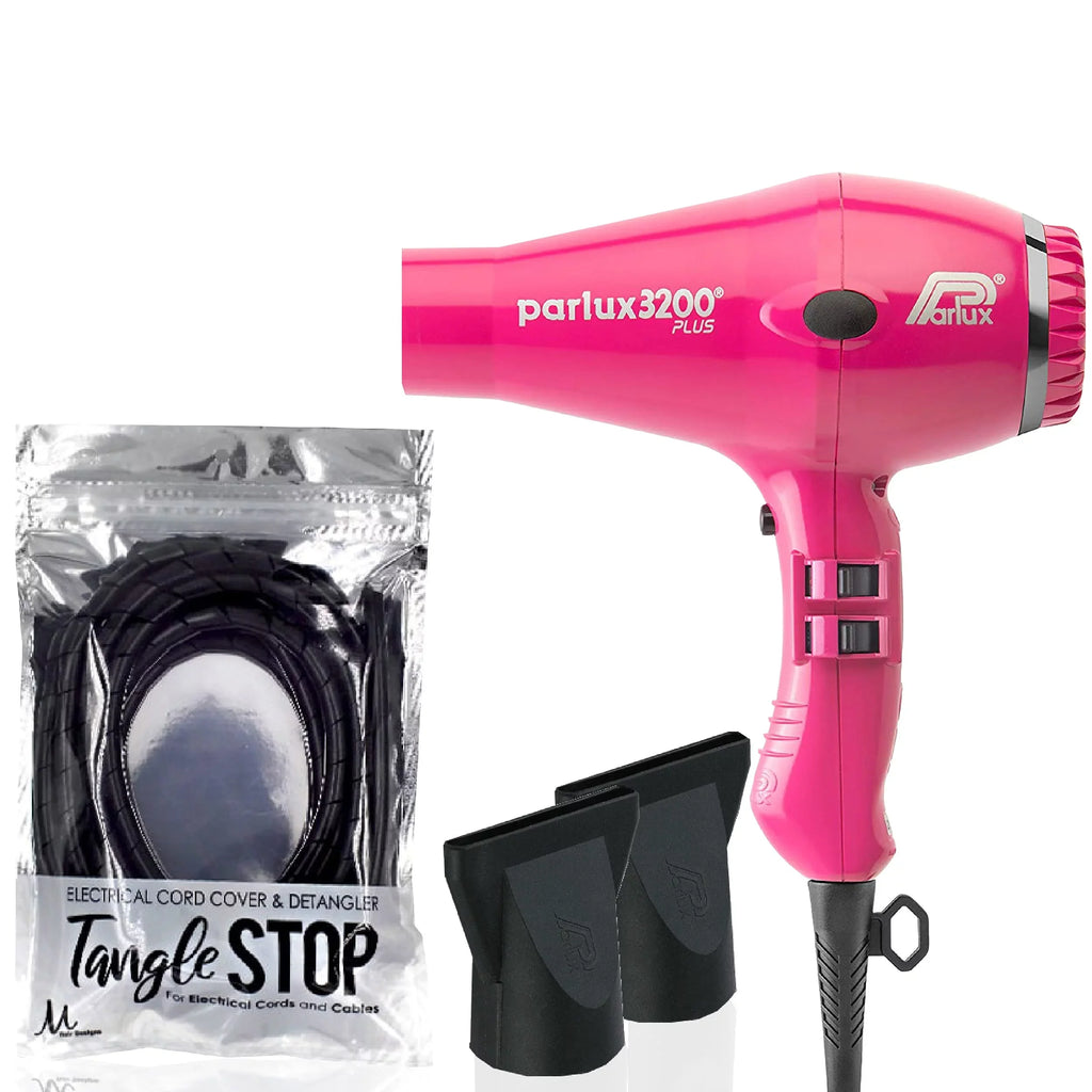 Parlux 3200 Plus Fuchsia Hair Dryer and M Hair Designs Tangle Sizetop Cord Cover Detangler Black (Bundle - 2 Items)