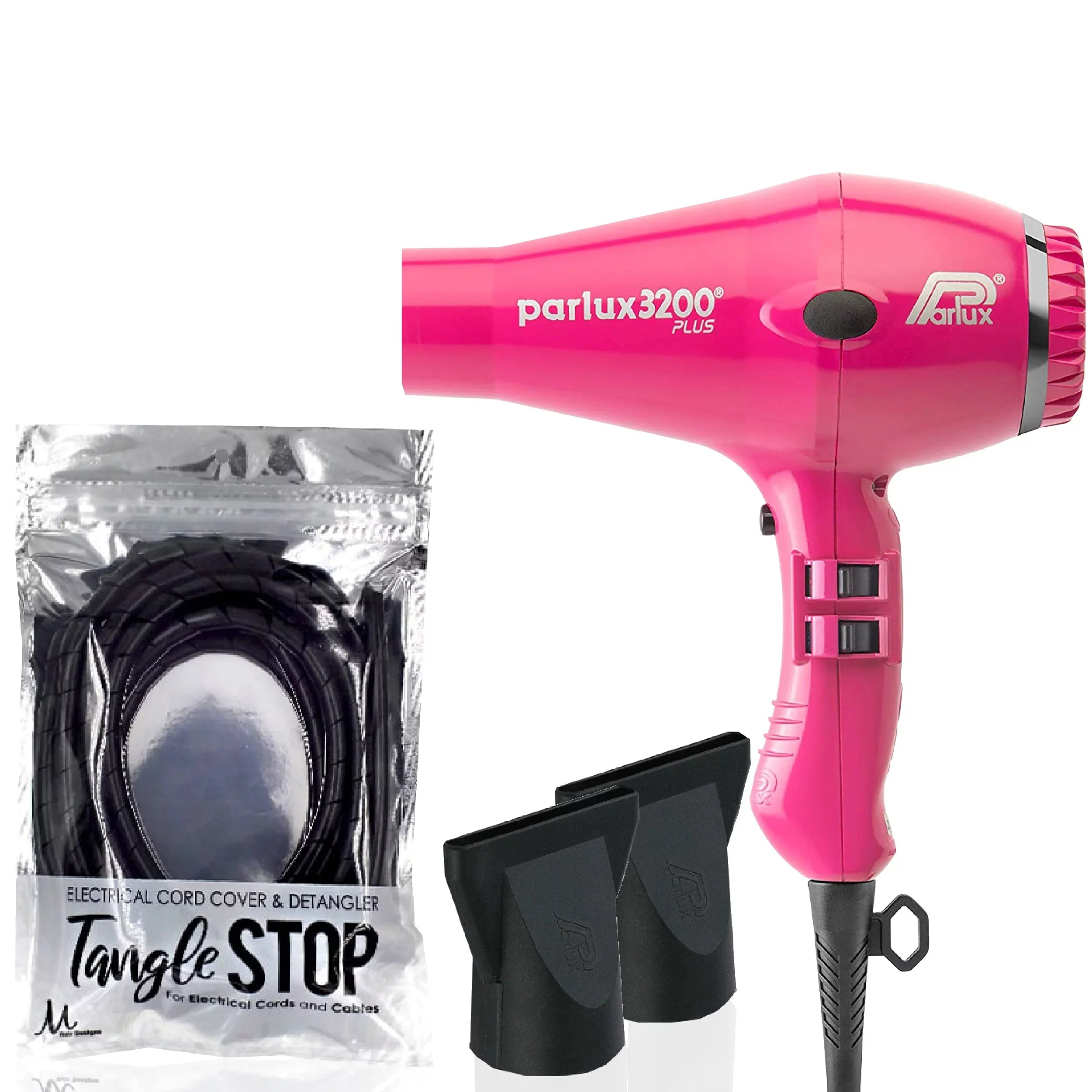 Parlux 3200 Plus Fuchsia Hair Dryer and M Hair Designs Tangle Sizetop Cord Cover Detangler Black (Bundle - 2 Items)
