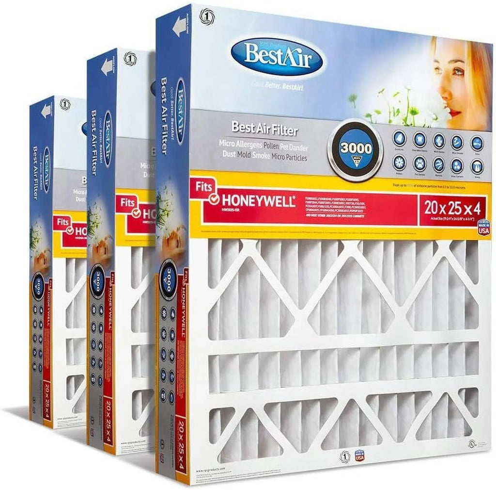 BestAir HW2025-13R AC Furnace Air Filter, 20" x 25" x 4", MERV 13, Removes Allergens & Contaminants, Fits 100%, For Honeywell Models, Pack of 3