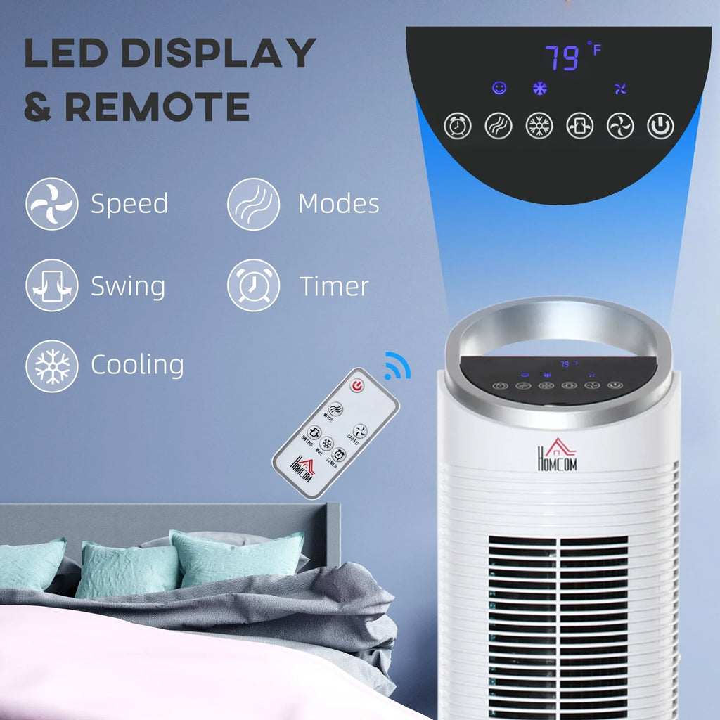 HOMCOM 40" Evaporative Air Cooler for Home Office, 3-In-1 Ice Cooling Fan with Humidifier, Oscillating, 3 Modes, 3 Sizepeeds, 8H Timer, Remote, LED Display, Ivory