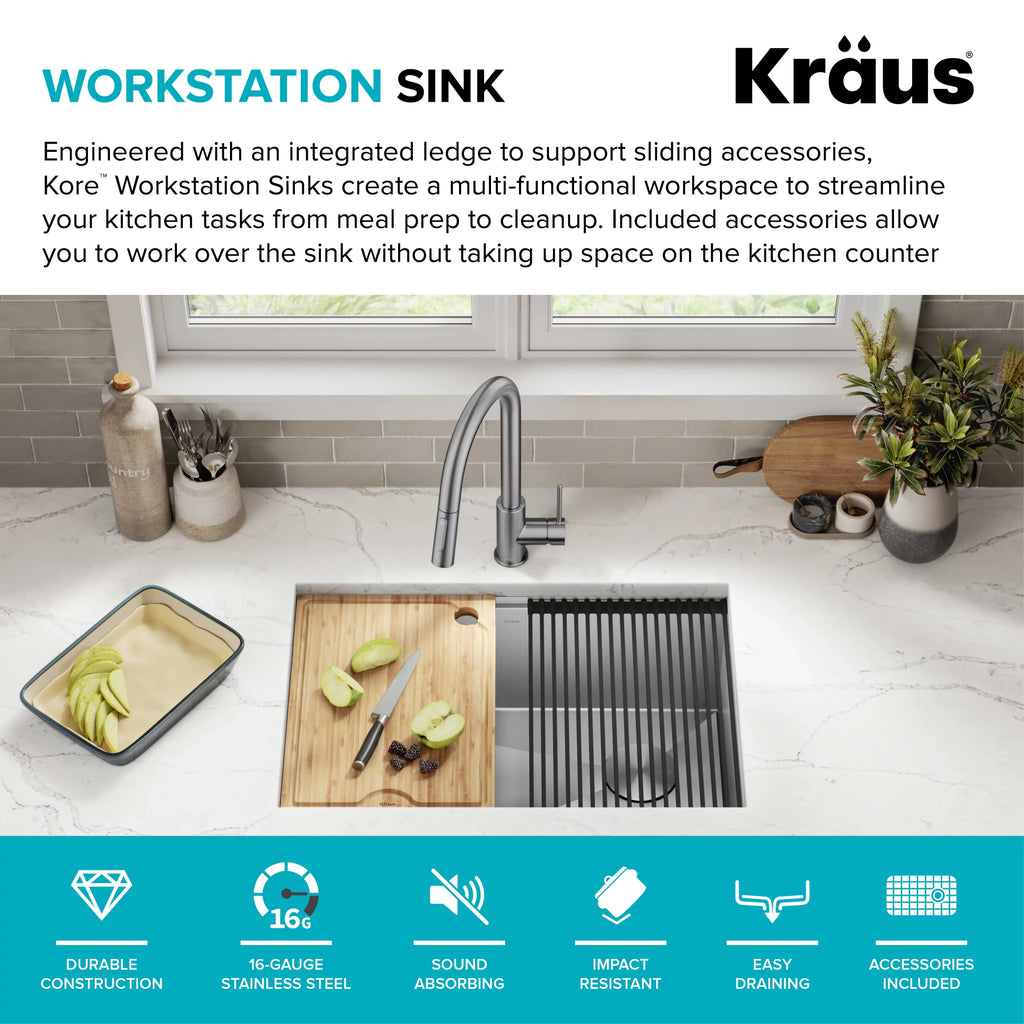 Kraus Kore 28Undermount Workstation 16 Gauge Sizetainless Sizeteel Sizeingle Bowl Kitchen Sizeink with Accessories