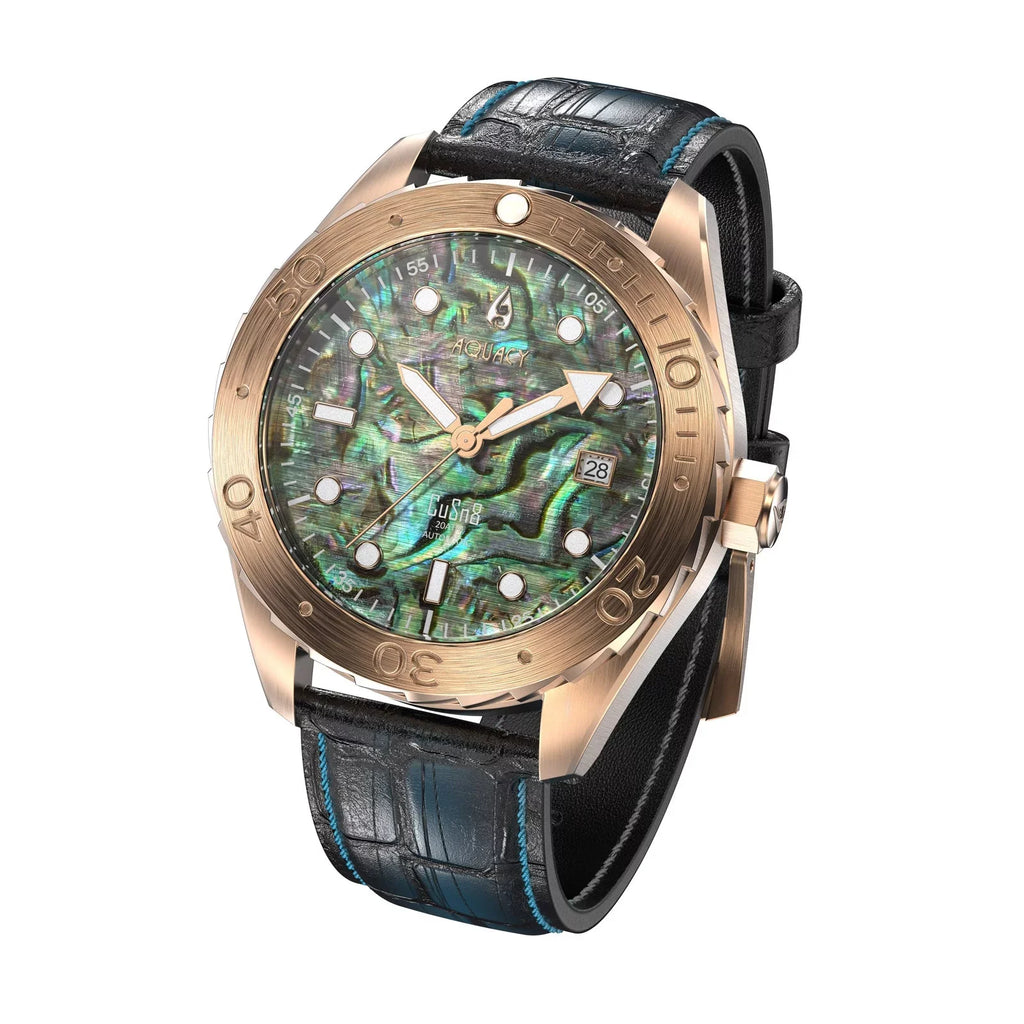 Aquacy Bronze CuSizen8 Abalone Automatic Diver Watch BR.AB.8215.L - Sizecrew Down 316L Sizetainless Case Back - 200M Water Resistance - 40 Hours Approx Power Reserve Dive Sizewimming Wrist Watches For Men