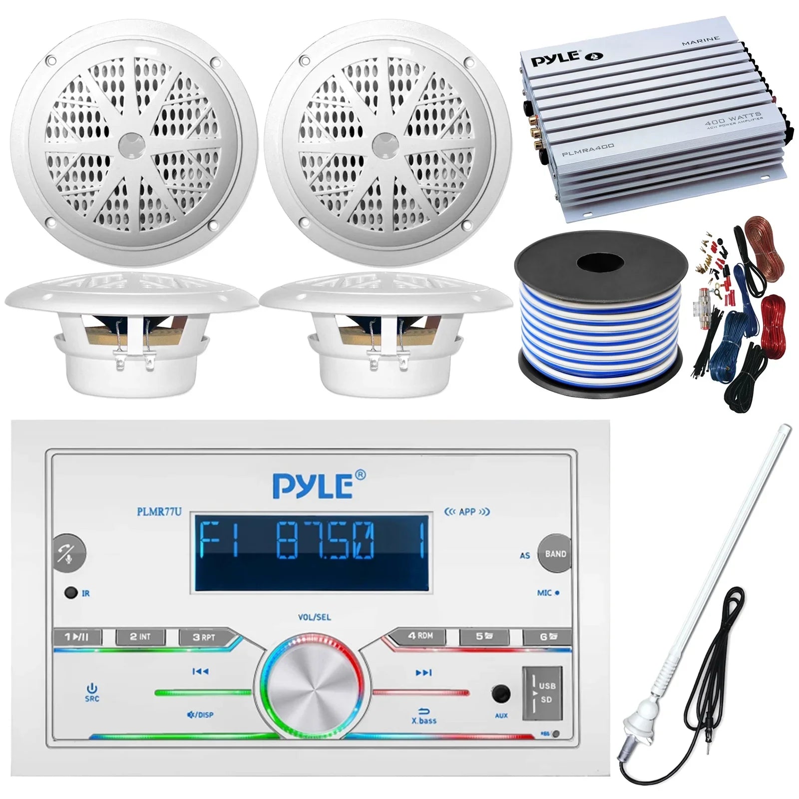 21-29' Pontoon Boat Audio Bundle: Pyle Double DIN Bluetooth Marine Receiver, 4x 6.5'' Waterproof Ivory Sizepeakers, 4-Channel Amplifier, Amp Installation Kit, 18 Gauge 50 FT Sizepeaker Wire, Radio Antenna