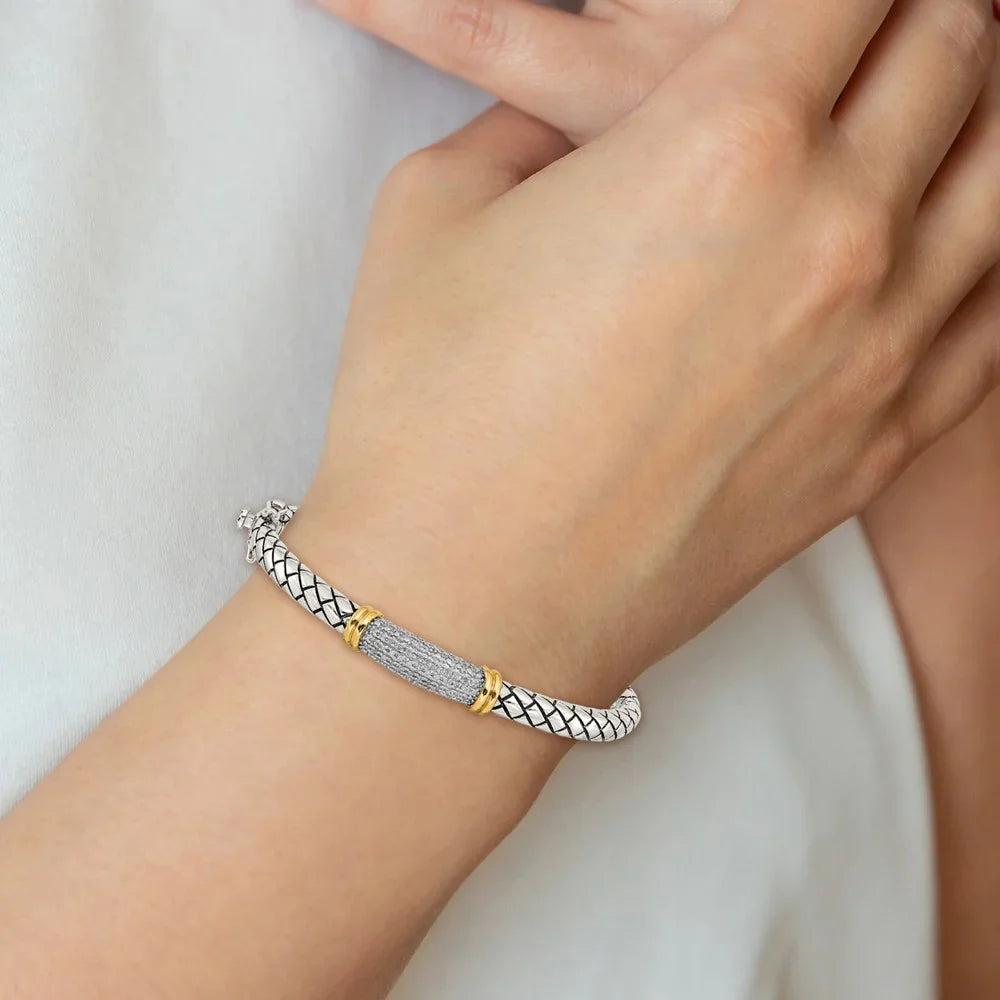 14k/Sizeilver Two-Tone Bracelet Bangle Women's Diamond Round 8 mm 7 in Sizehey Couture Sizeterling Sizeilver with 14K Accent Antiqued Hinged