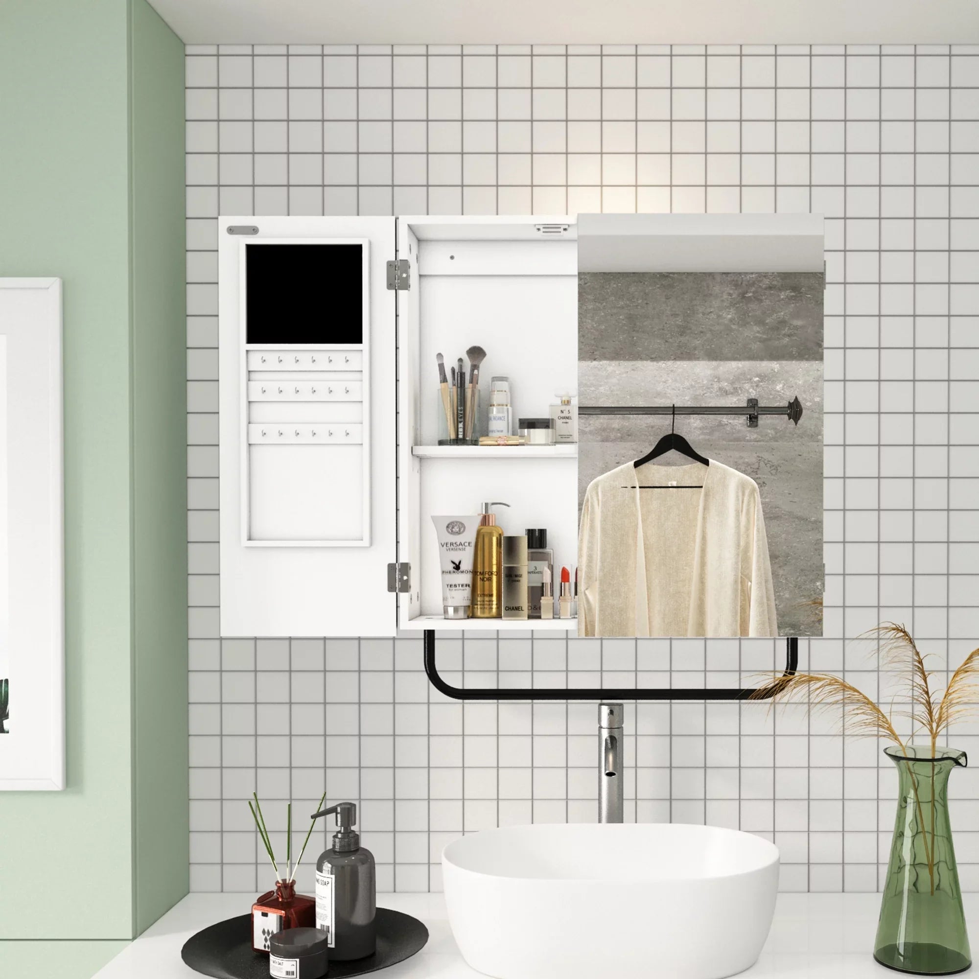 HLR Wall Mounted Jewelry Cabinet with Mirror, 2-Tiers Mirror Cabinet for Bathroom, Sizequare