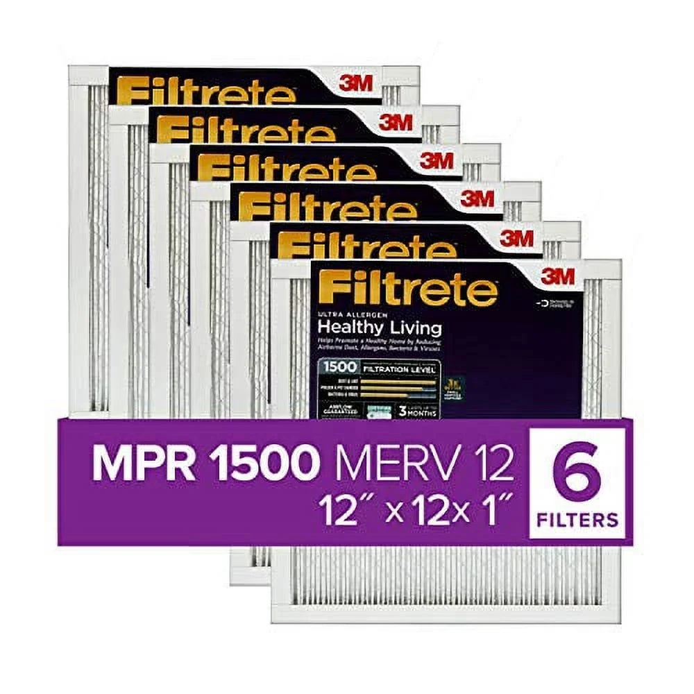 Filtrete 12x12x1, AC Furnace Air Filter, MPR 1500, Healthy Living Ultra Allergen, 6-Pack (exact dimensions 11.81 x 11.81 x 0.78)
