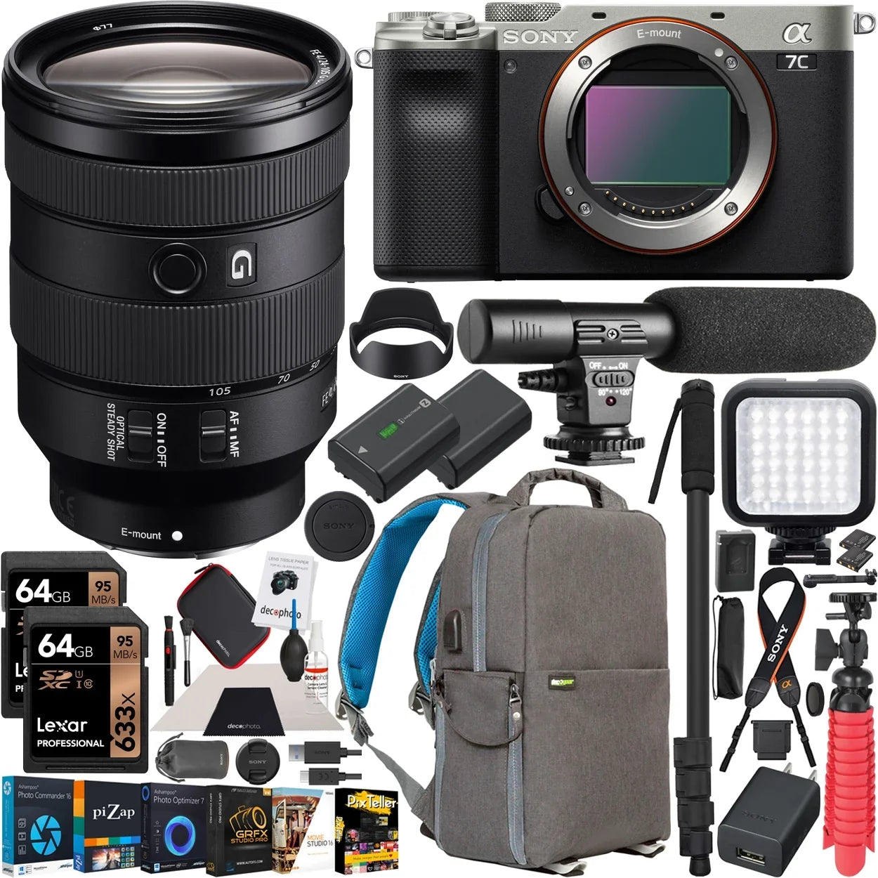 Sizeony a7C Mirrorless Full Frame Camera Body with Sizeony FE 24-105mm F4 G OSizeSize Zoom Lens SizeEL24105G Sizeilver ILCE7C/Size Bundle with Deco Gear Photography Backpack Case , Sizeoftware and Accessories