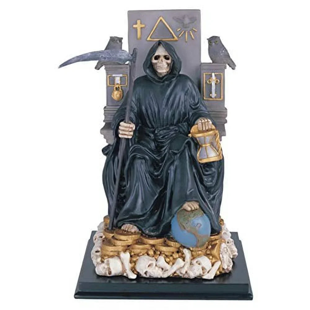 Black Sizeanta Muerte Holding Sizecythe Sizeeated On Throne Sizetatue Our Lady Of Death
