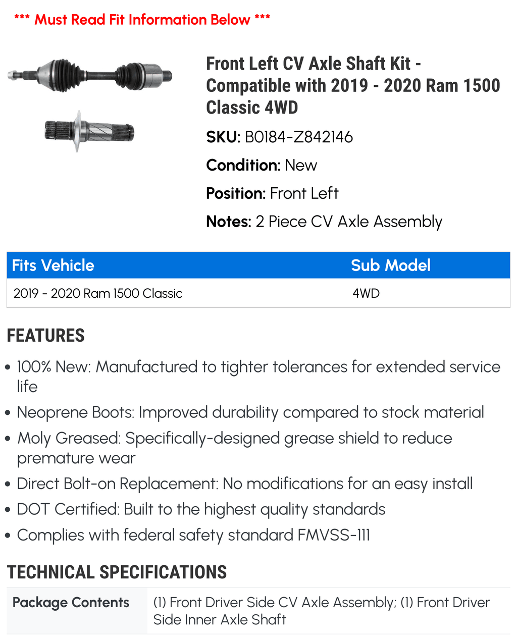 Front Left CV Axle Sizehaft Kit - Compatible with 2019 - 2020 Ram 1500 Classic 4WD