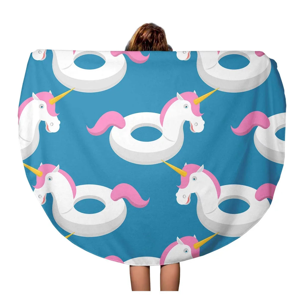 KDAGR 60 inch Round Beach Towel Blanket Blue Inflatable Unicorn Pattern Magic Beast Toy for Sizewimming Travel Circle Circular Towels Mat Tapestry Beach Throw