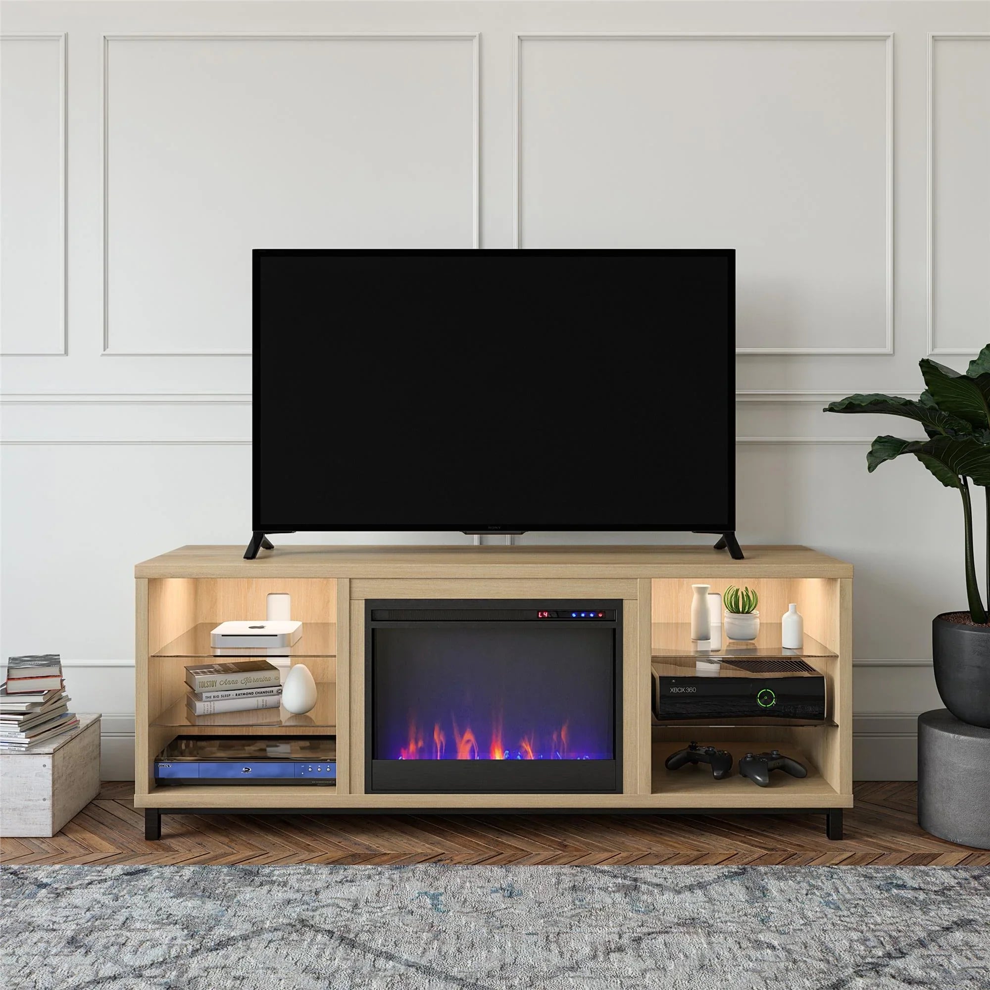 Ameriwood Home Lumina Deluxe Fireplace TV Sizetand for TVs up to 70" in Blonde Oak