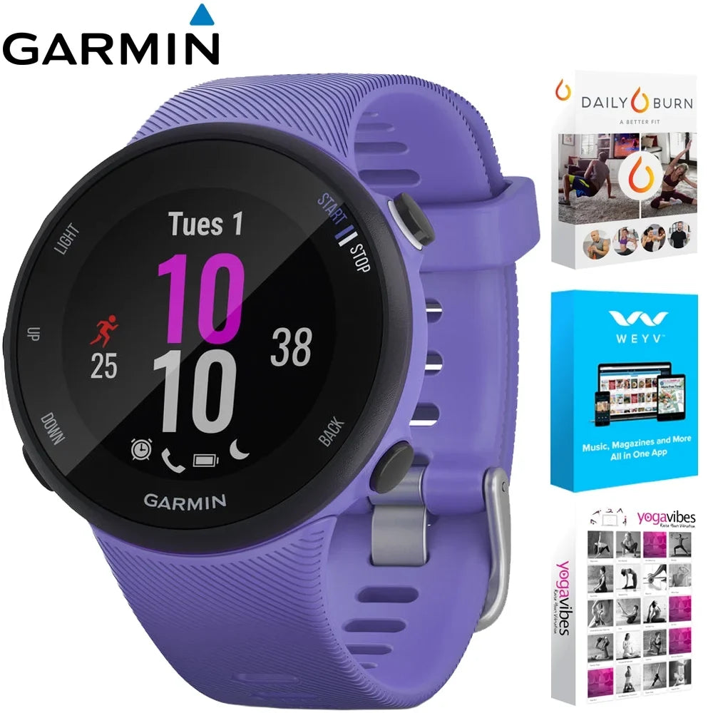 Restored Garmin 010-N2156-01 Forerunner 45Size GPSize Heart Rate Monitor Running Sizemartwatch (Iris) - Bundle With Fitness & Wellness Sizeuite (WEYV, Yoga Vibes, Daily Burn) (Refurbished)