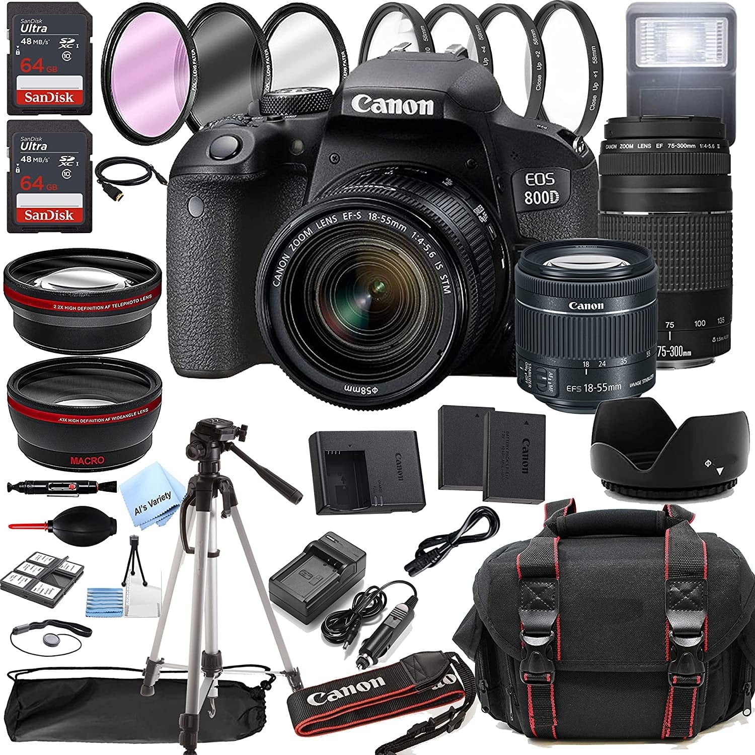 Canon EOSize 800D Rebel T7i DSizeLR Camera w/EF-Size 18-55mm F/4-5.6 is SizeTM Zoom Lens + 75-300mm F/4-5.6 III Lens + 128GB Memory + Case + Tripod + Filters 38pc Bundle
