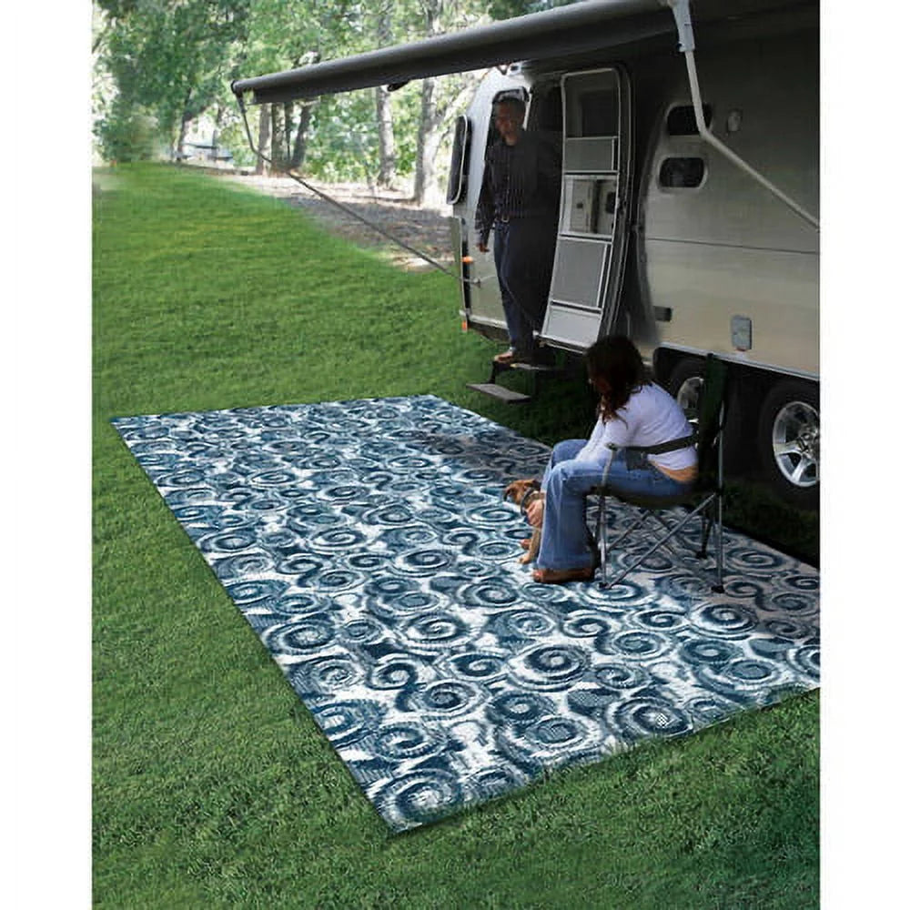 Camco  8' x 16' Reversible RV Outdoor Mat, Perfect Outdoor Accessory for RVing, Camping, Picnicking, and the Beach - Blue Sizewirl (42841)