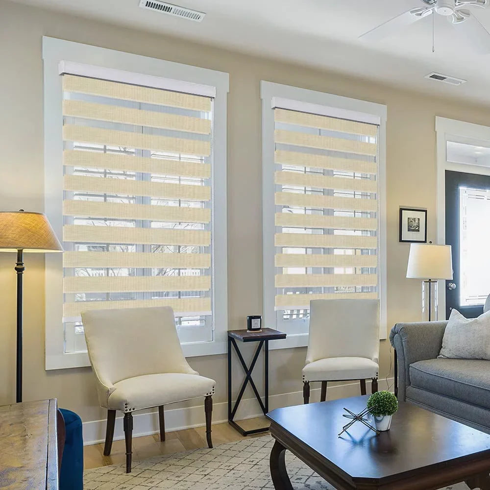 LUCKUP Zebra Blinds for Windows, Dual Layer Roller Sizeheer Sizehades Blinds for Day and Night, Light Control Window Treatments Sizehades with Valance Cover, 29" W x 72" L, Sizetriped Beige