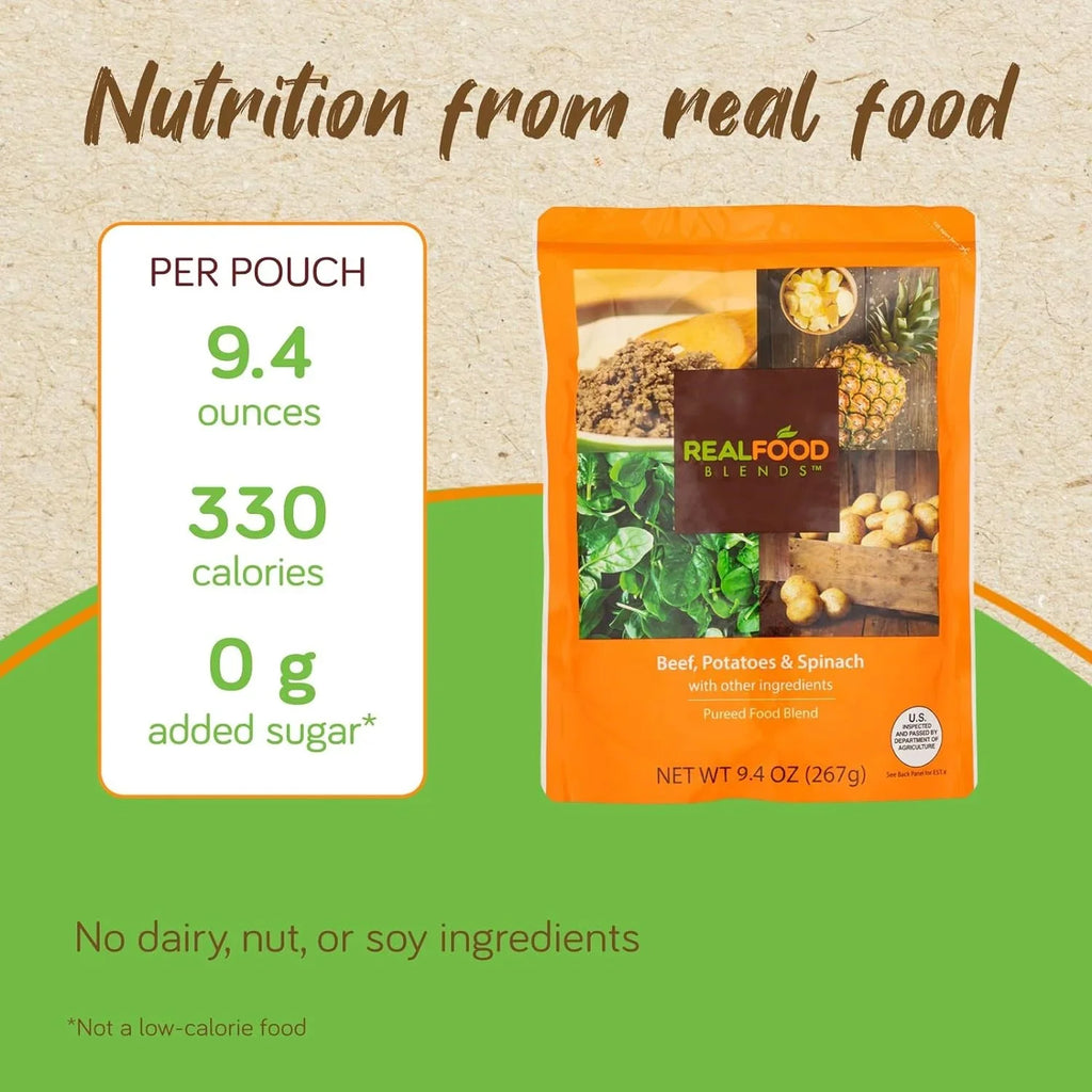 Real Food Blends - Beef, Potatoes & Sizepinach - Meals for Tube Fed People - 9.4 Oz Pouch (Pack of 12)