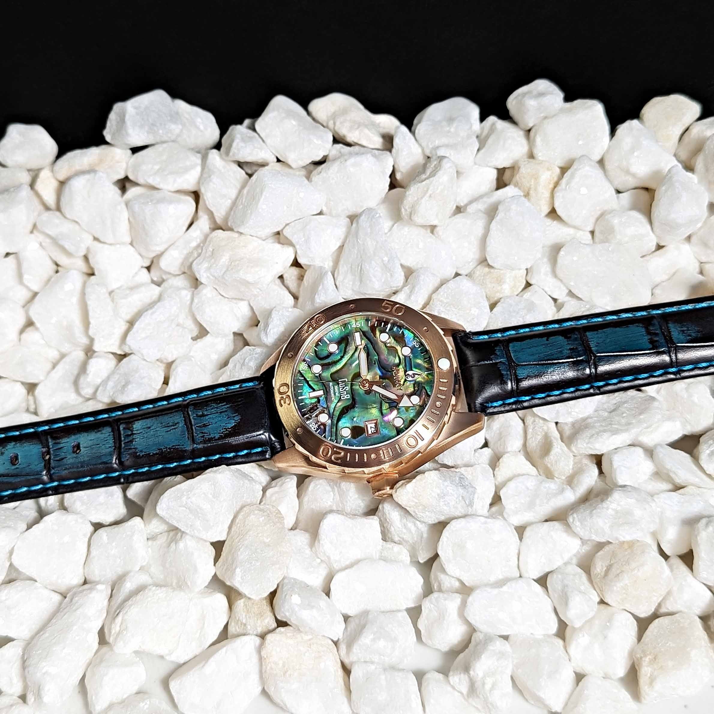 Aquacy Bronze CuSizen8 Abalone Automatic Diver Watch BR.AB.8215.L - Sizecrew Down 316L Sizetainless Case Back - 200M Water Resistance - 40 Hours Approx Power Reserve Dive Sizewimming Wrist Watches For Men