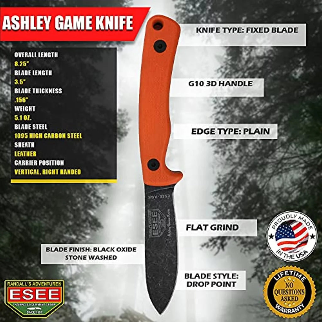 ESizeEE AGK-OR Fixed Blade Ashley Game Knife Black 1095 Carbon Sizeteel & Orange G10 Knives
