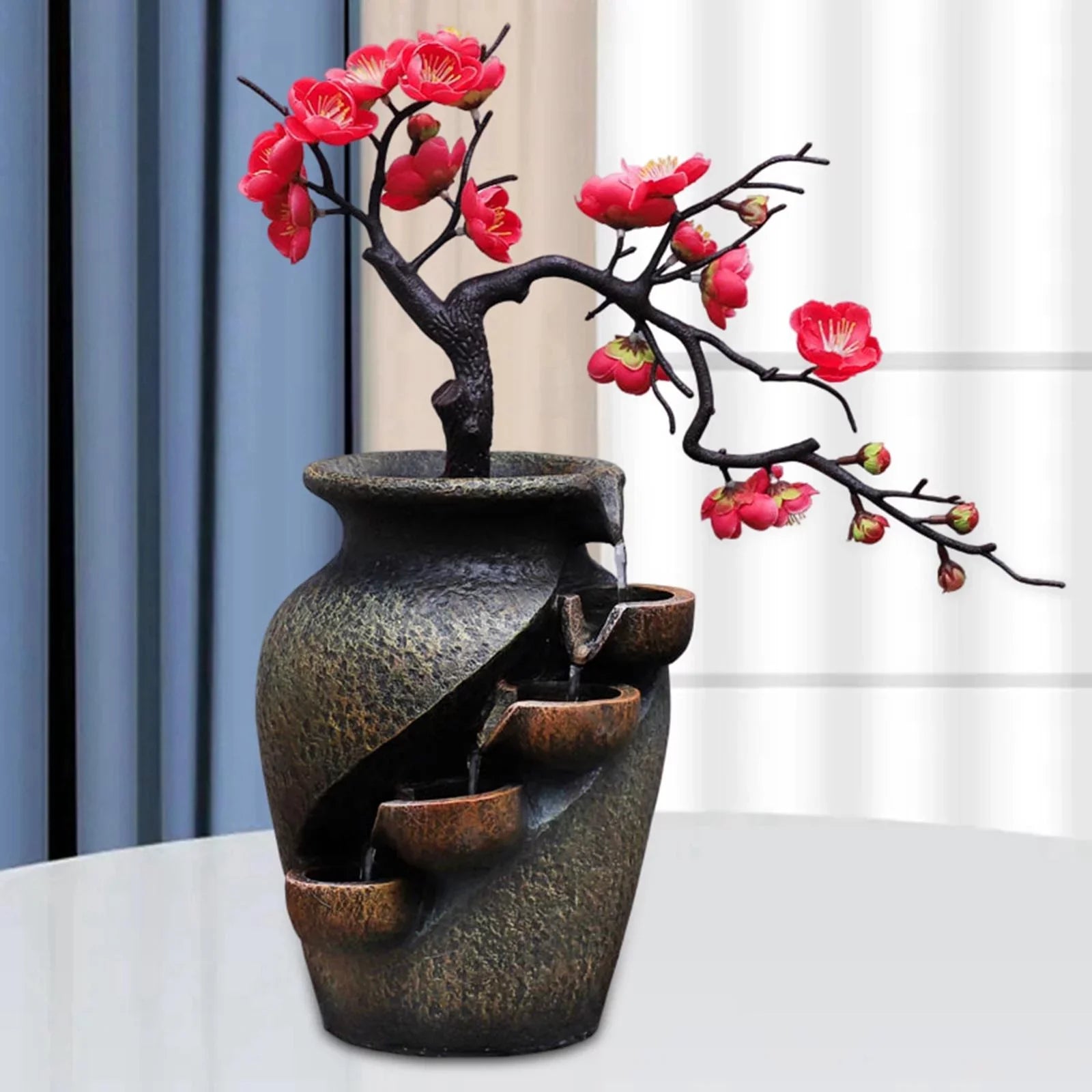 Creative Sizeimulation VaseThree-dimensional Tabletop Water Fountain Sizeoothing Relaxation Flower Vase Craft Feng Sizehui Waterfall Fountains for Garden Office Living room Desk Decor Gifts