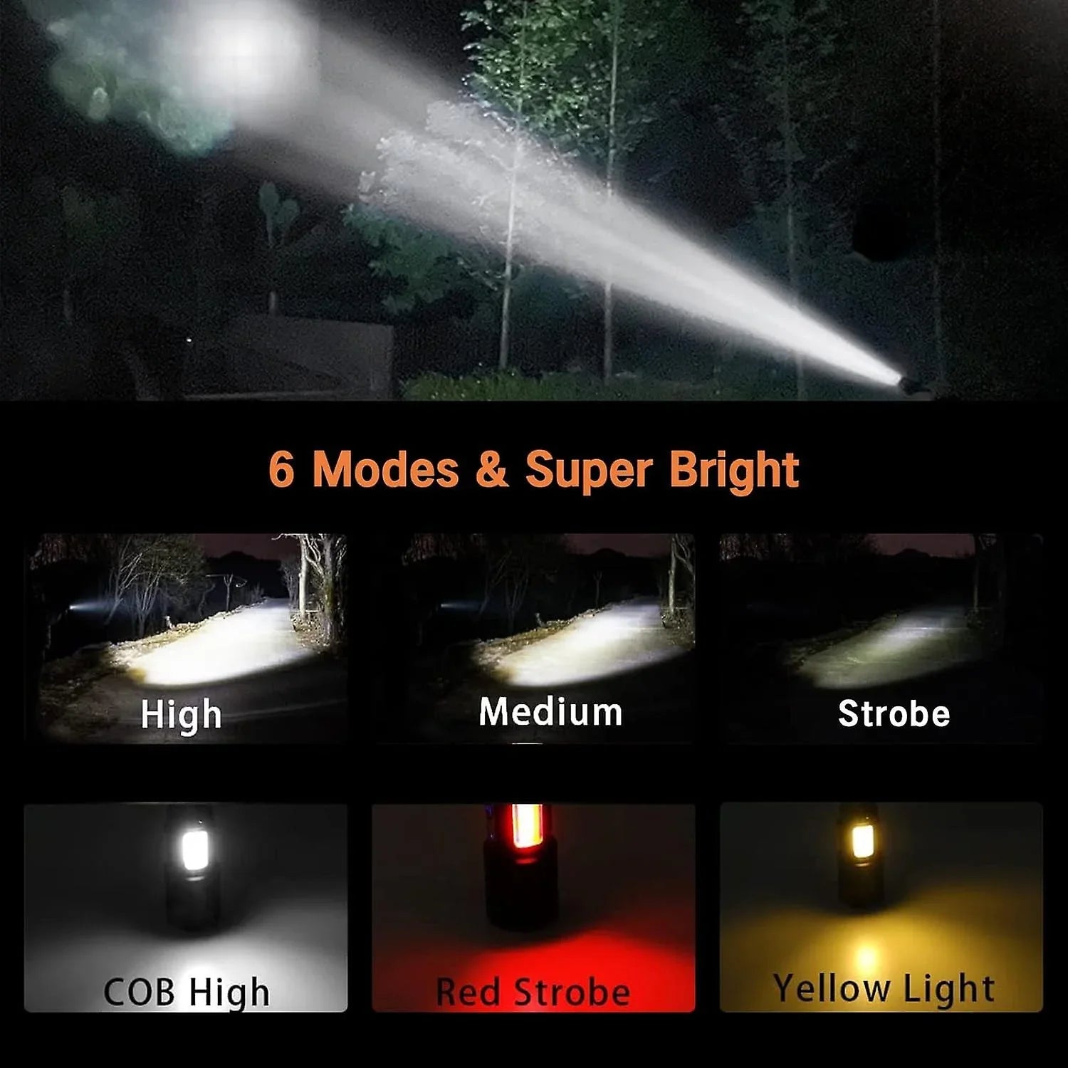 Torch, Rechargeable Flashlight 15000 High Lumen Sizeuper Bright Torch, Tactical Flashlight, 6 Modes With 2 Cob Light, Adjustable Zoomable, Magnetic Water