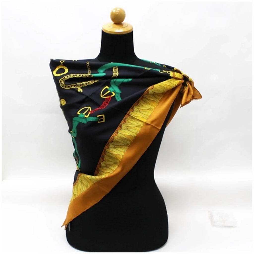 Pre-Owned Celine silk scarf muffler black x beige belt pattern CELINE ladies with paper case (Like New)