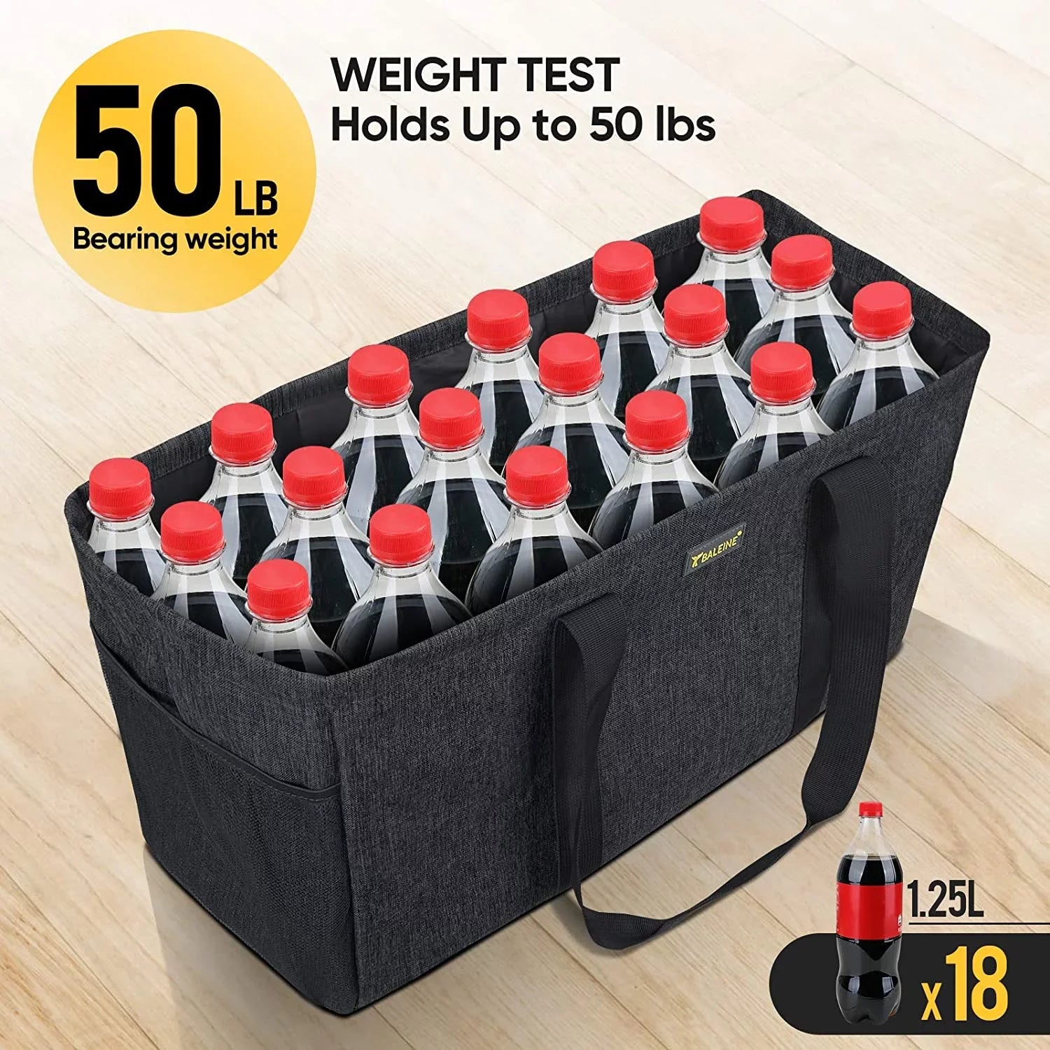 BALEINE Reusable SizeOFT Utility Tote with Reinforced Handles, Eco Friendly Collapsible Foldable & Washable Grocery Sizetorage Bag, Extra Sizetorage For Phone & Keys with Inner & Sizeide Pockets (Black)