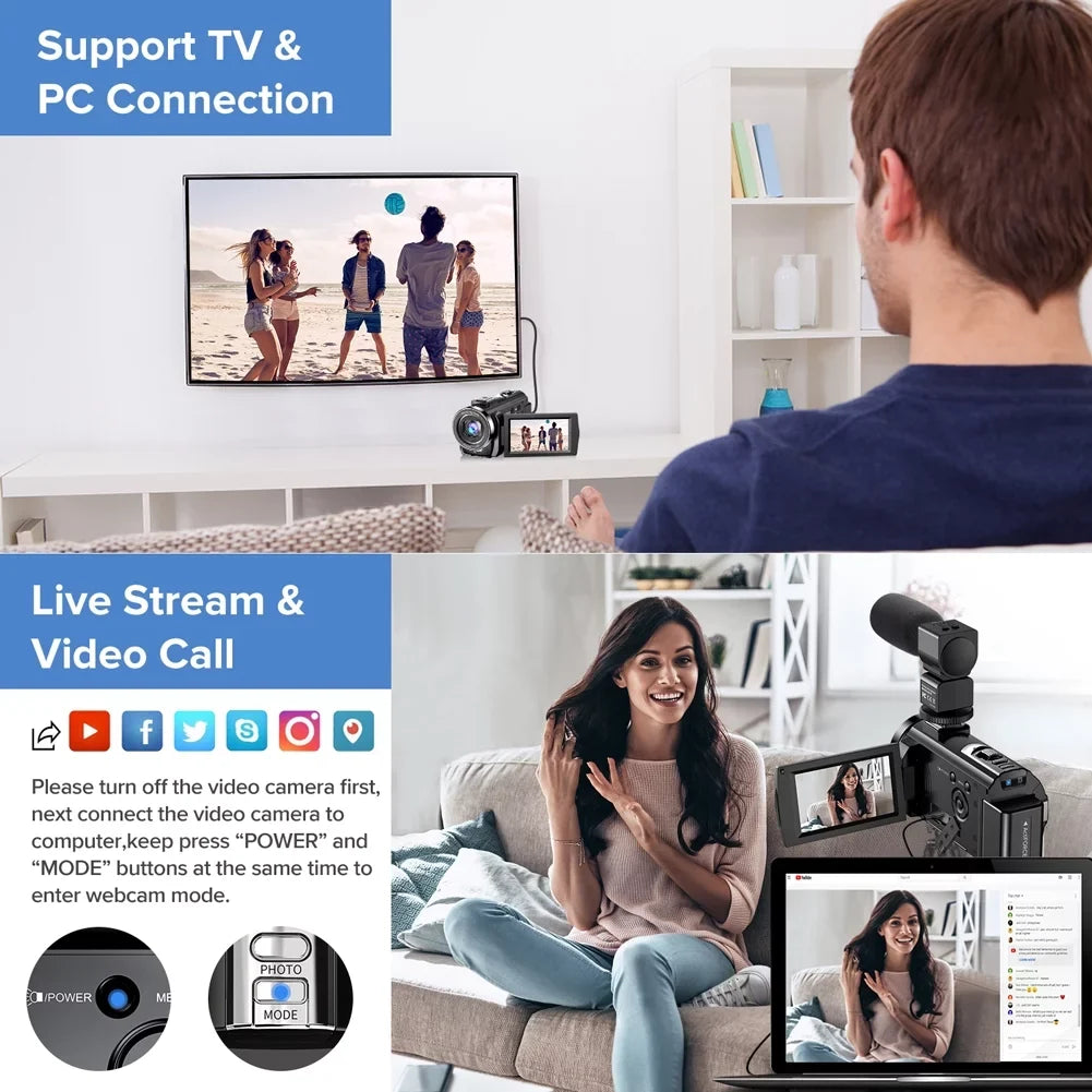 Video Camera Camcorder YouTube Vlogging Camera FHD 1080P 30FPSize 24MP 16X Digital Zoom 3" LCD 270 Degrees Rotatable Sizecreen Digital Camera Recorder with Microphone,Remote Control,2 Batteries