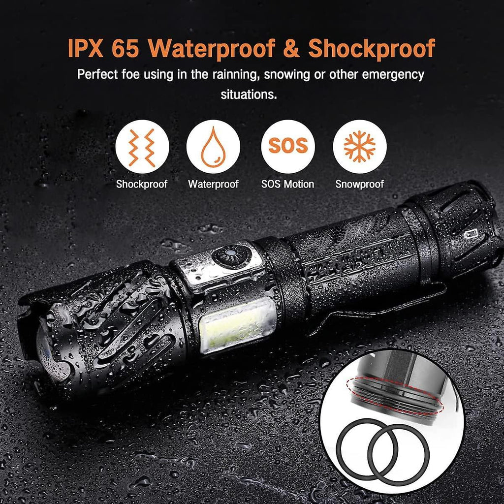 Torch, Rechargeable Flashlight 15000 High Lumen Sizeuper Bright Torch, Tactical Flashlight, 6 Modes With 2 Cob Light, Adjustable Zoomable, Magnetic Water