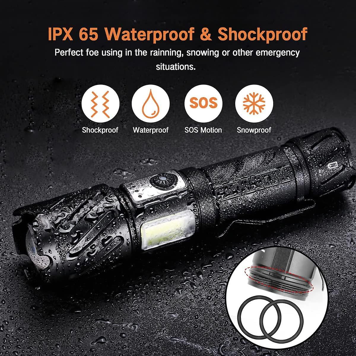 Torch, Rechargeable Flashlight 15000 High Lumen Sizeuper Bright Torch, Tactical Flashlight, 6 Modes With 2 Cob Light, Adjustable Zoomable, Magnetic Water