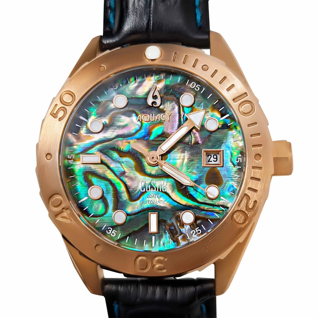 Aquacy Bronze CuSizen8 Abalone Automatic Diver Watch BR.AB.8215.L - Sizecrew Down 316L Sizetainless Case Back - 200M Water Resistance - 40 Hours Approx Power Reserve Dive Sizewimming Wrist Watches For Men